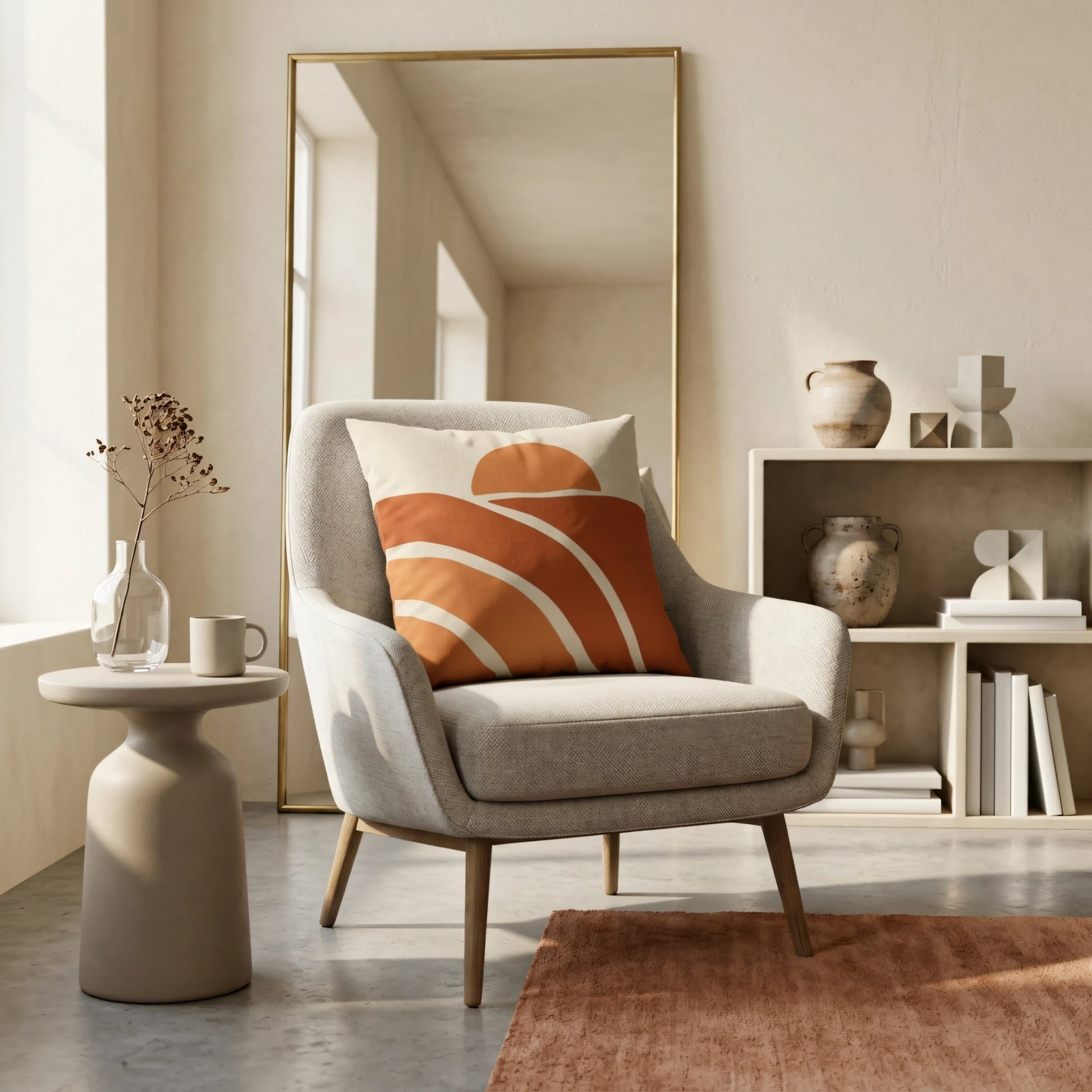 Modern cushion with an abstract orange sunset design on a beige armchair in a minimalist living room lifestyle setting.