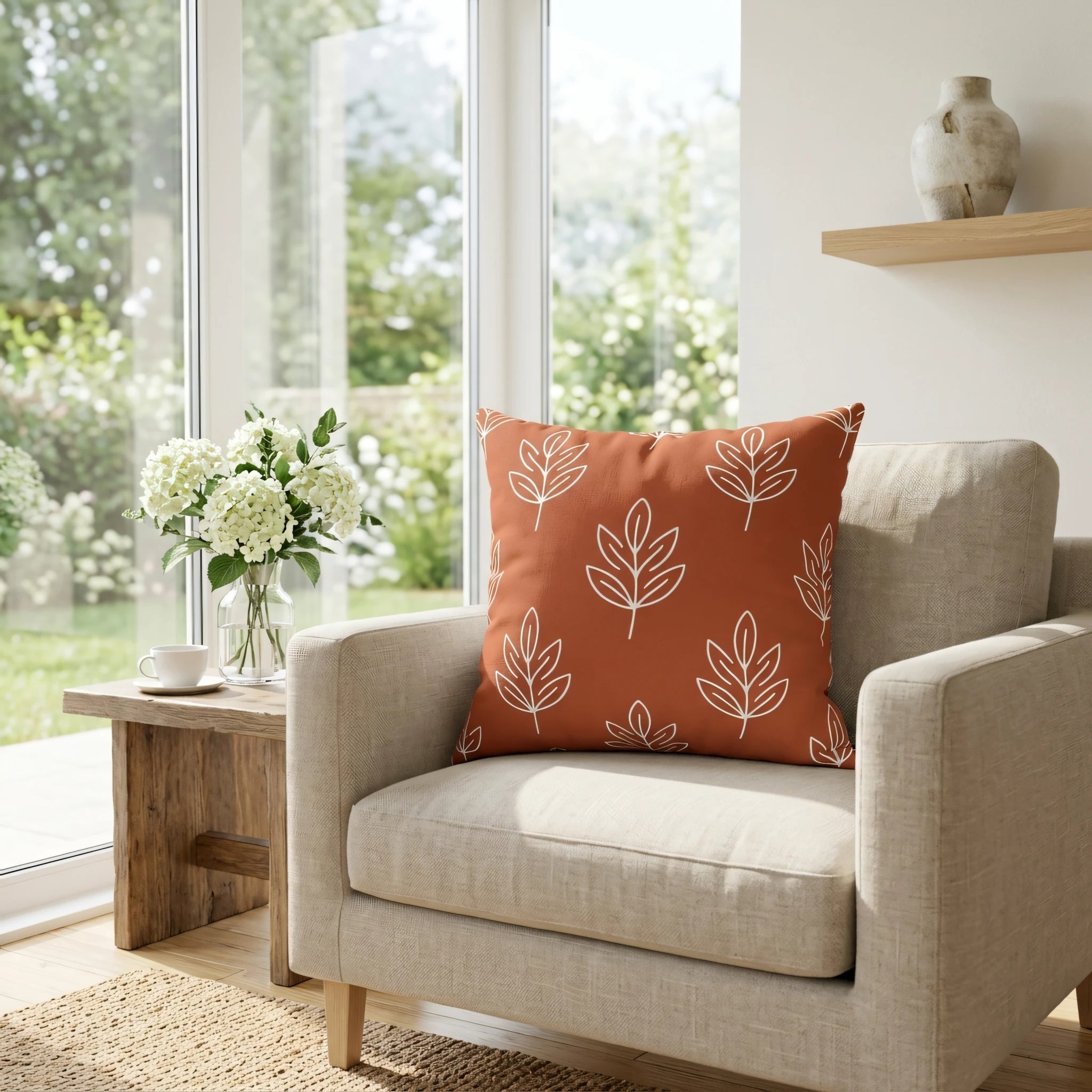 Terracotta pillow with white leaf outlines on a beige armchair in a bright modern living room featuring flowers and natural light.