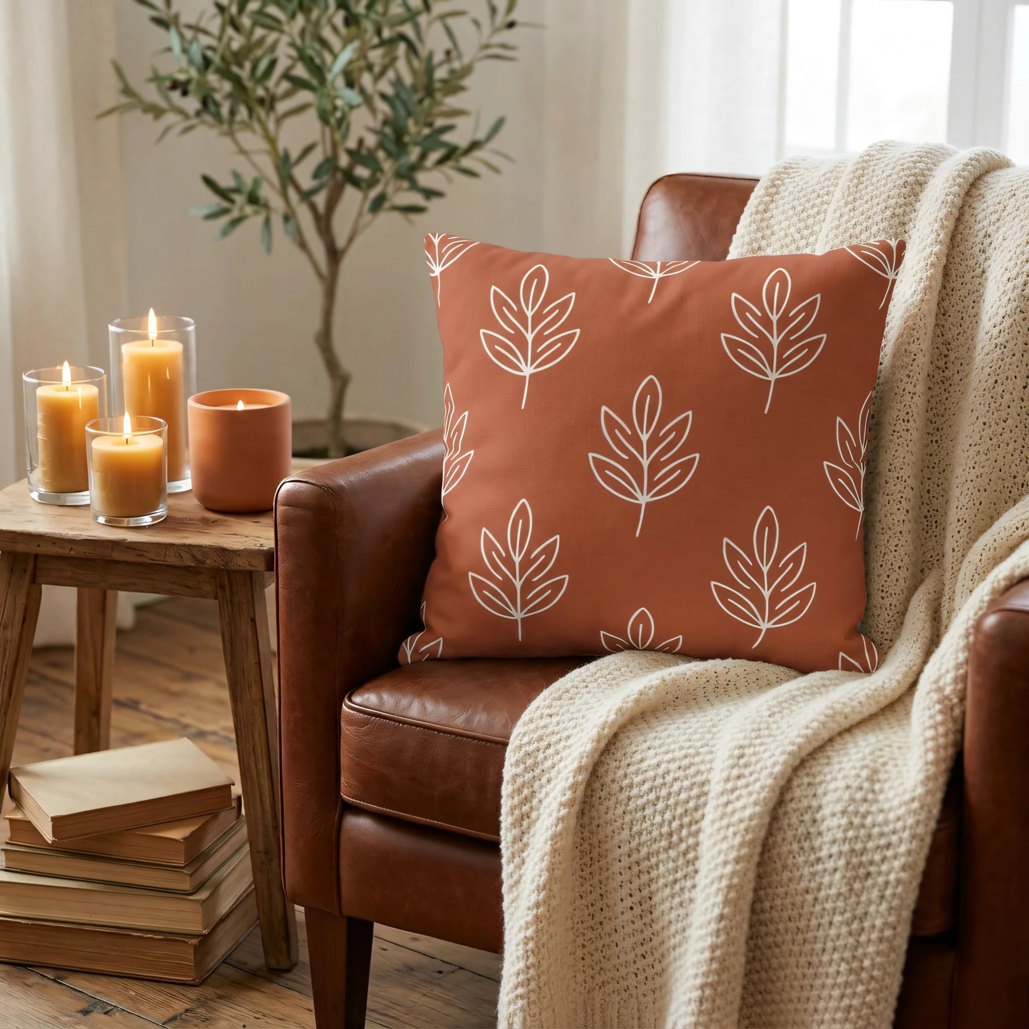 Terracotta throw pillow with a white leaf pattern on a leather armchair, featuring a cozy blanket and candles in a warm living room.