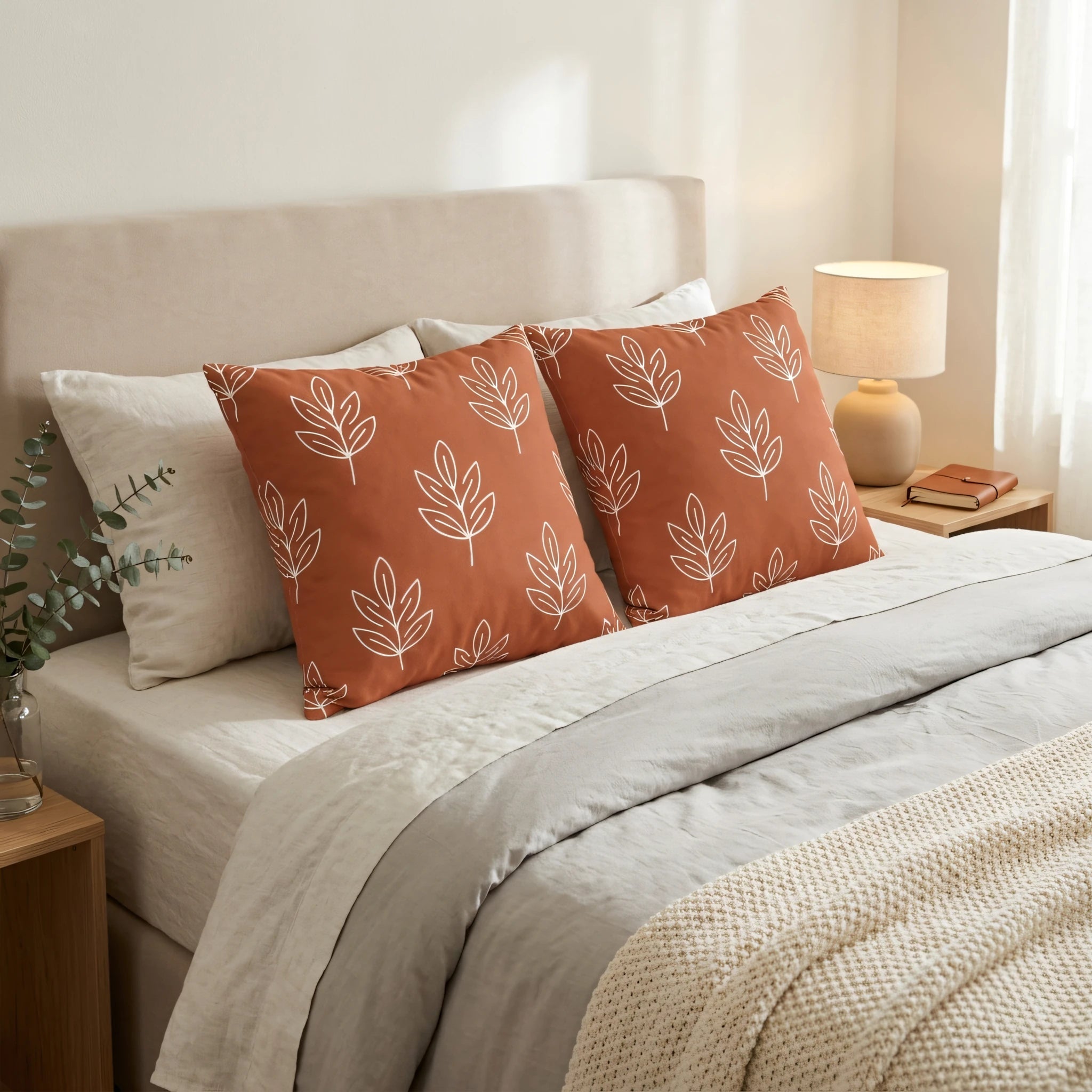 Terracotta decorative cushions with white botanical leaf print displayed on a minimalist bed with neutral linens and lamp.