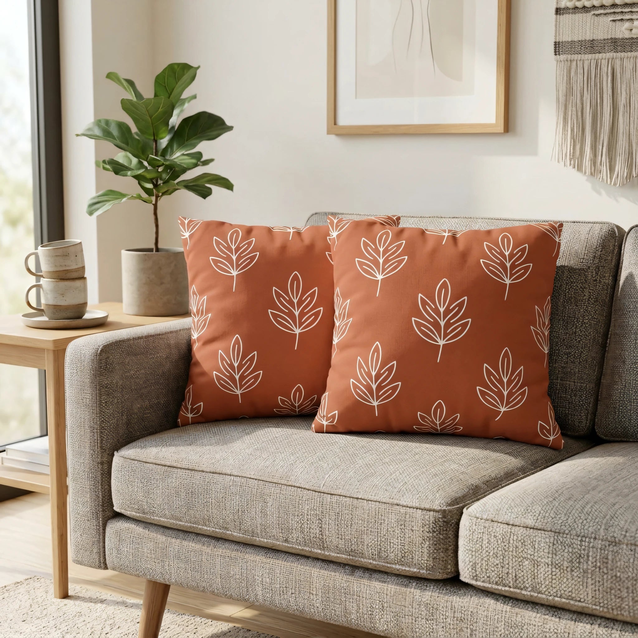 Pair of terracotta cushions with white leaf patterns on a grey sofa in a bright, modern living room scene with a leafy green plant.