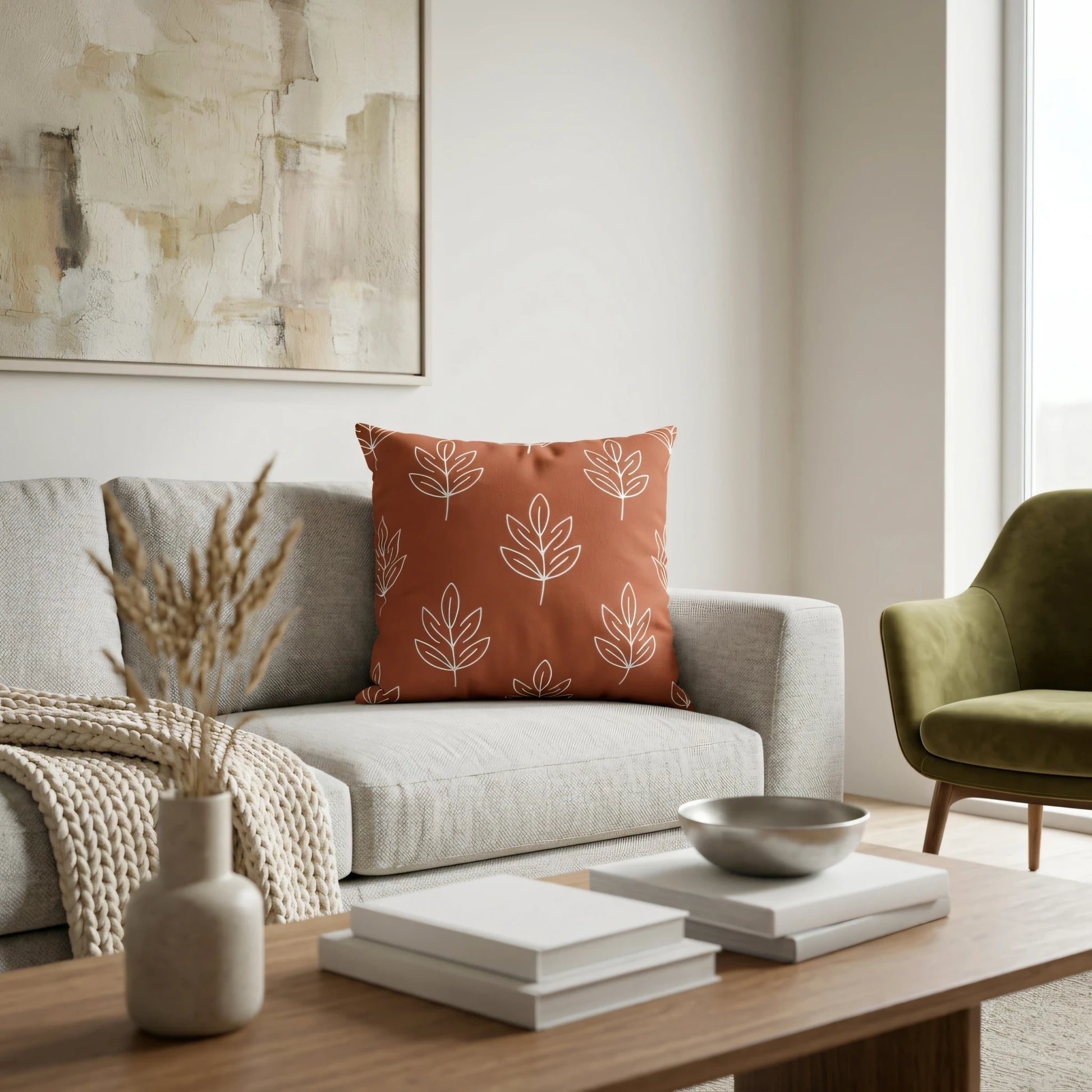 Terracotta orange pillow with a white leaf pattern on a light grey sofa in a modern living room setting with a green armchair and wooden table.