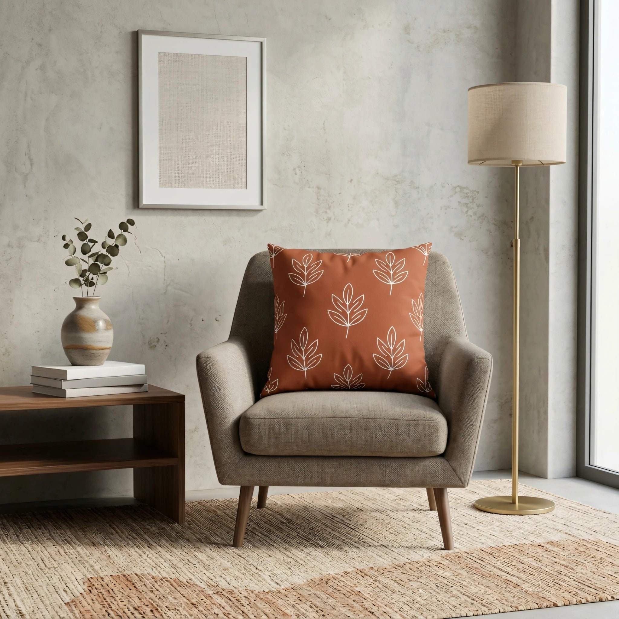Terracotta leaf print cushion on a grey armchair in a modern living room with a floor lamp and minimalist decor.
