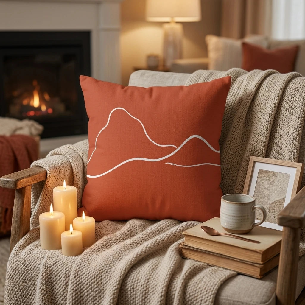 Terracotta pillow featuring a white line art mountain design on a beige knit throw in a cozy home setting with lit candles.