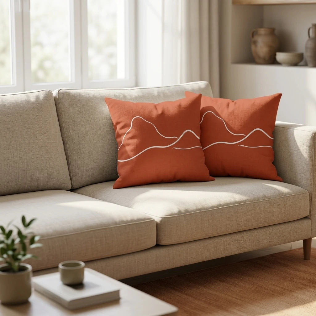 Two terracotta decorative pillows featuring minimalist mountain line art on a beige sofa in a modern, sunlit living room setting.