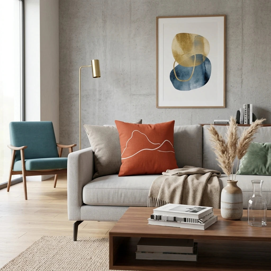 Terracotta cushion with white minimalist line art on a grey sofa in a modern living room lifestyle scene with contemporary home decor.