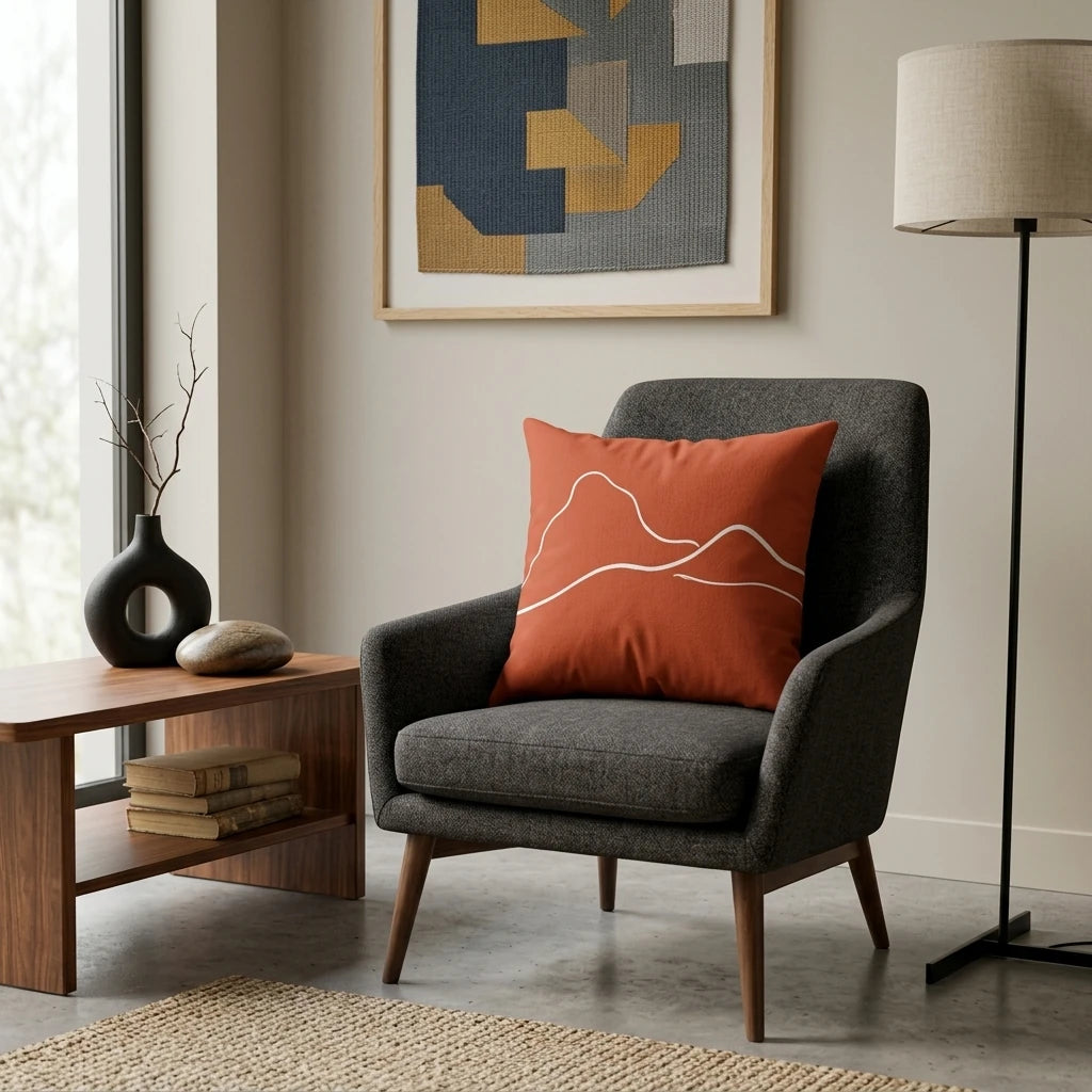 Orange cushion with white mountain line art on a grey armchair in a modern living room with abstract wall art and wooden side table.