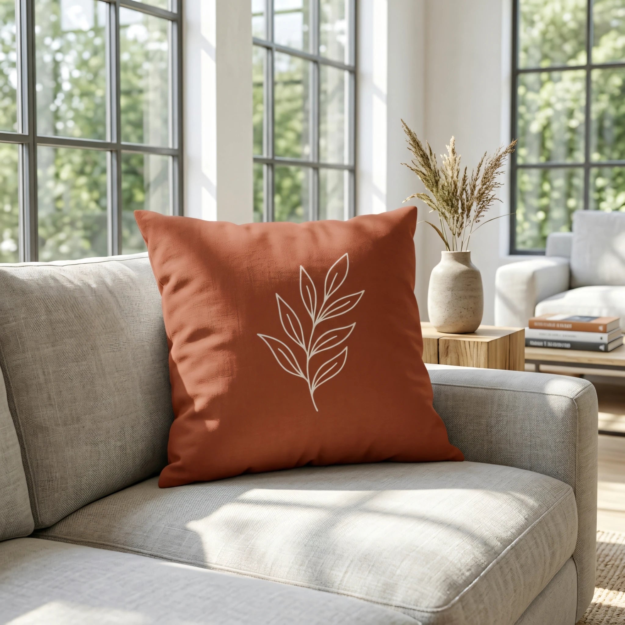 Terracotta throw pillow with white leaf line art on a grey sofa in a bright living room with large windows and natural wood decor.