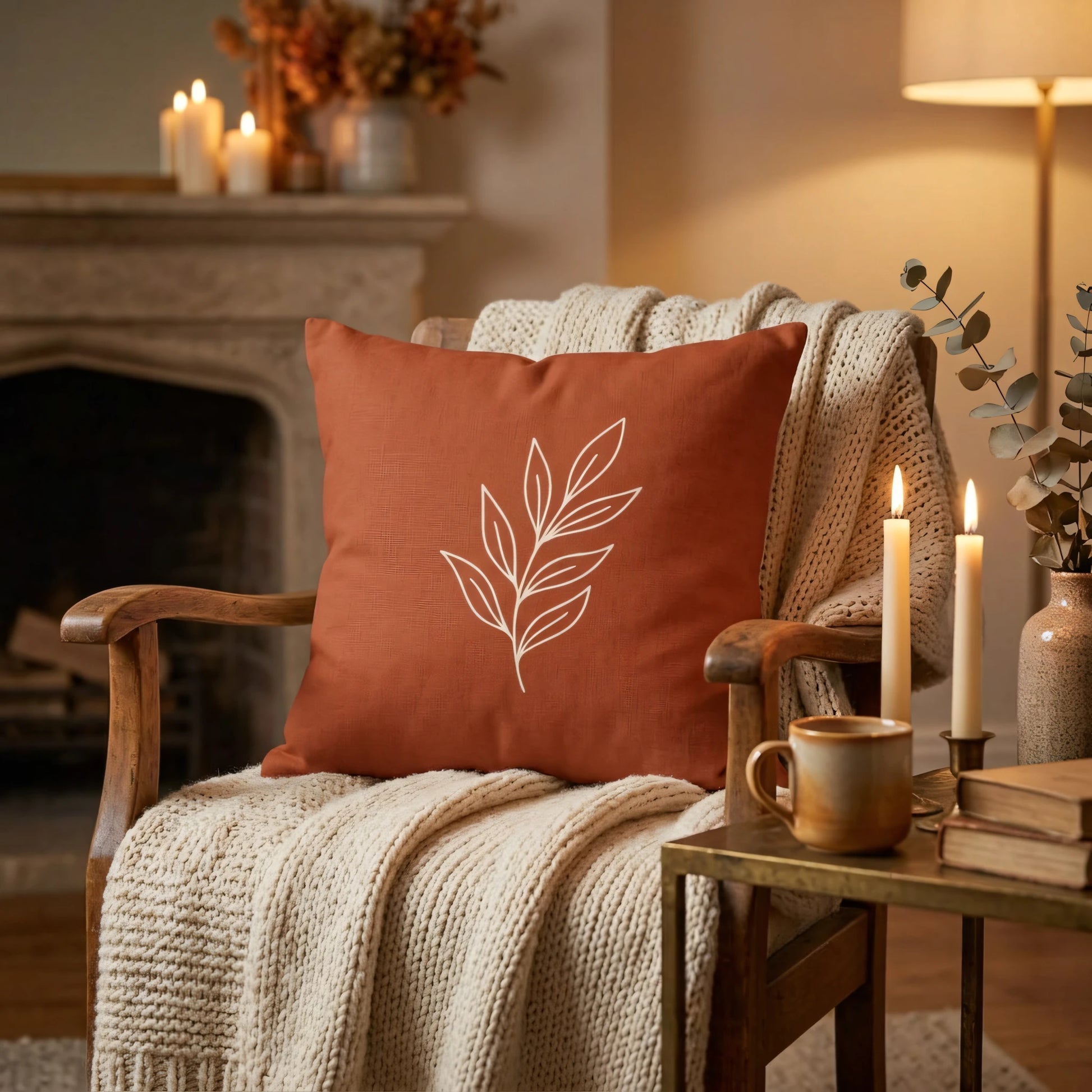 Terracotta orange cushion with white leaf line art on a wooden armchair with a knit blanket and candles in a cozy living room setting.