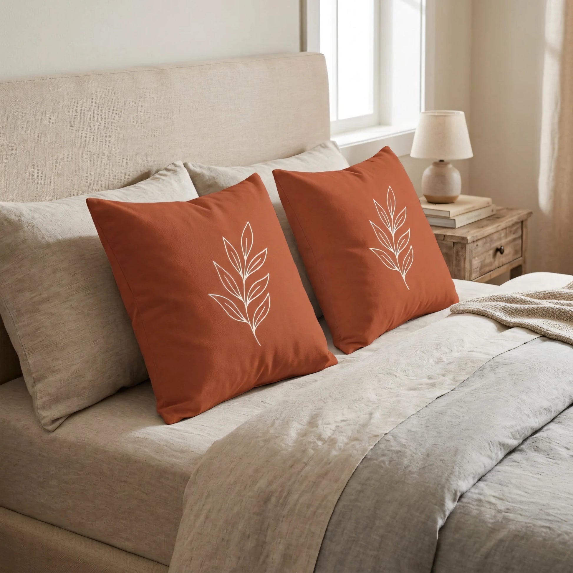 Terracotta orange pillows with white botanical leaf art on a neutral beige bed in a minimalist bedroom lifestyle shot.