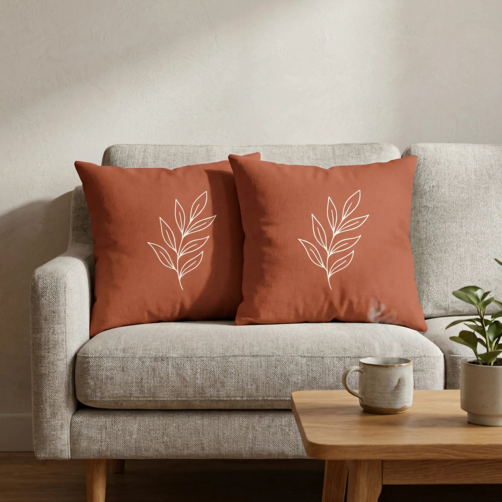 Duo of burnt orange cushions with minimalist white leaf line art on a light grey sofa in a cozy lifestyle setting with a wooden coffee table.