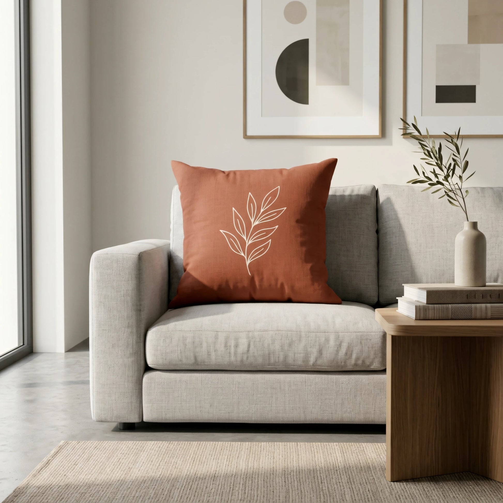 Terracotta leaf print throw pillow on a light grey sofa in a modern minimalist living room with abstract wall art and wooden furniture.