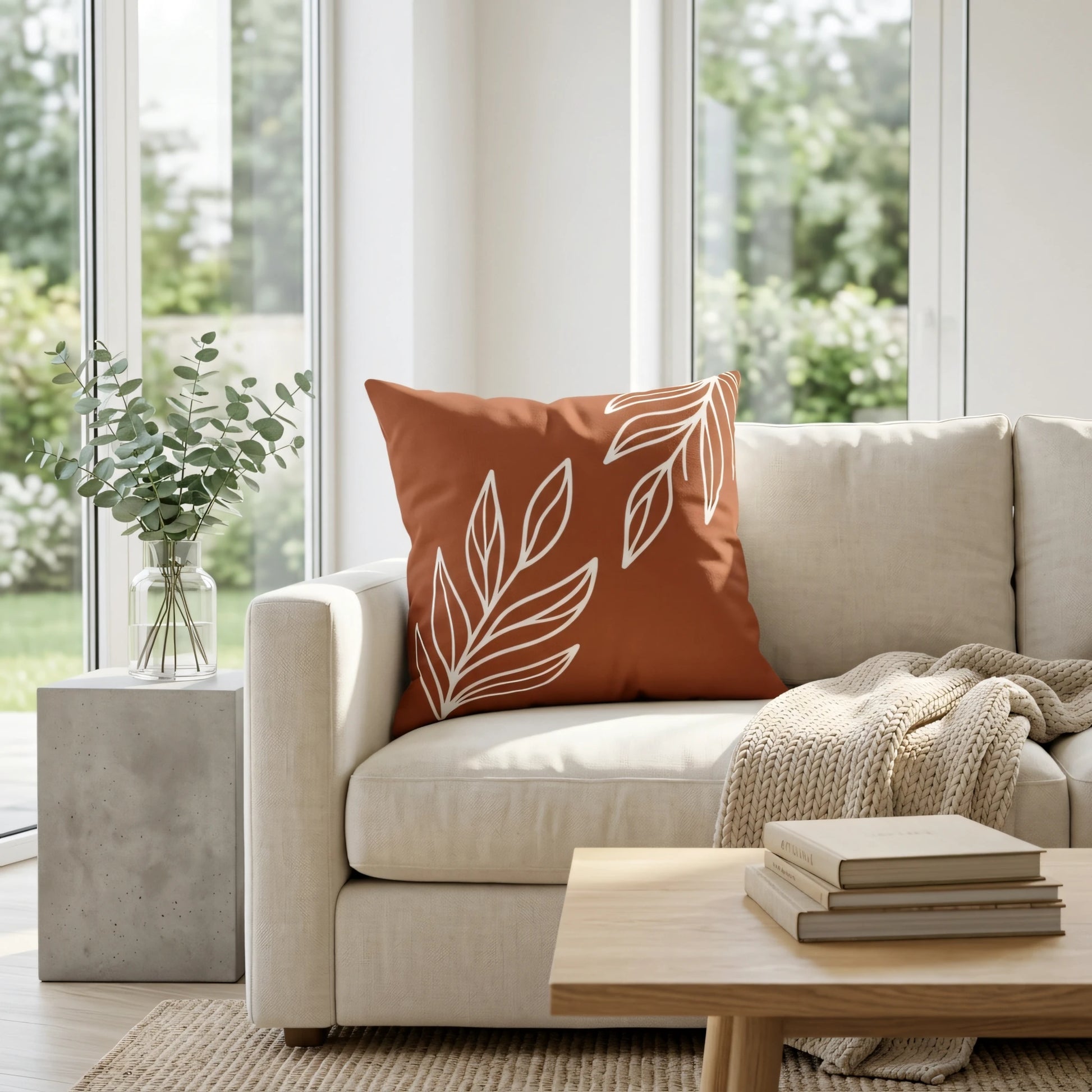 Burnt orange throw pillow with a white botanical leaf pattern on a cream sofa in a bright living room near a concrete side table and eucalyptus.