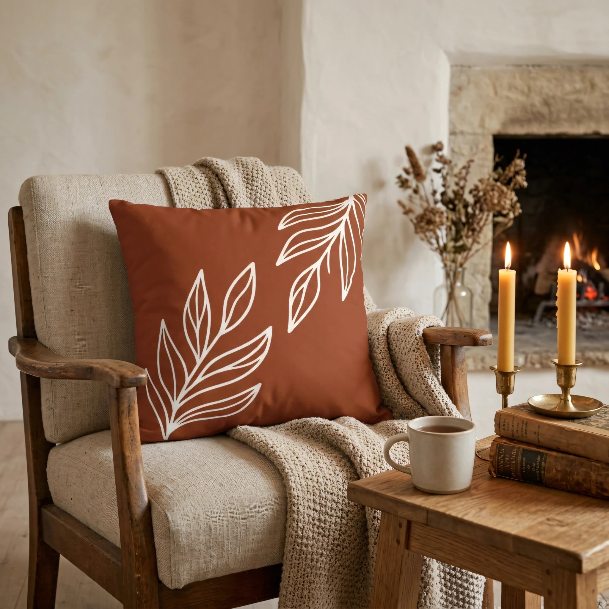 Terracotta cushion with white leaf print on a rustic armchair with a beige throw, in a cozy living room with lit candles and a warm fireplace.