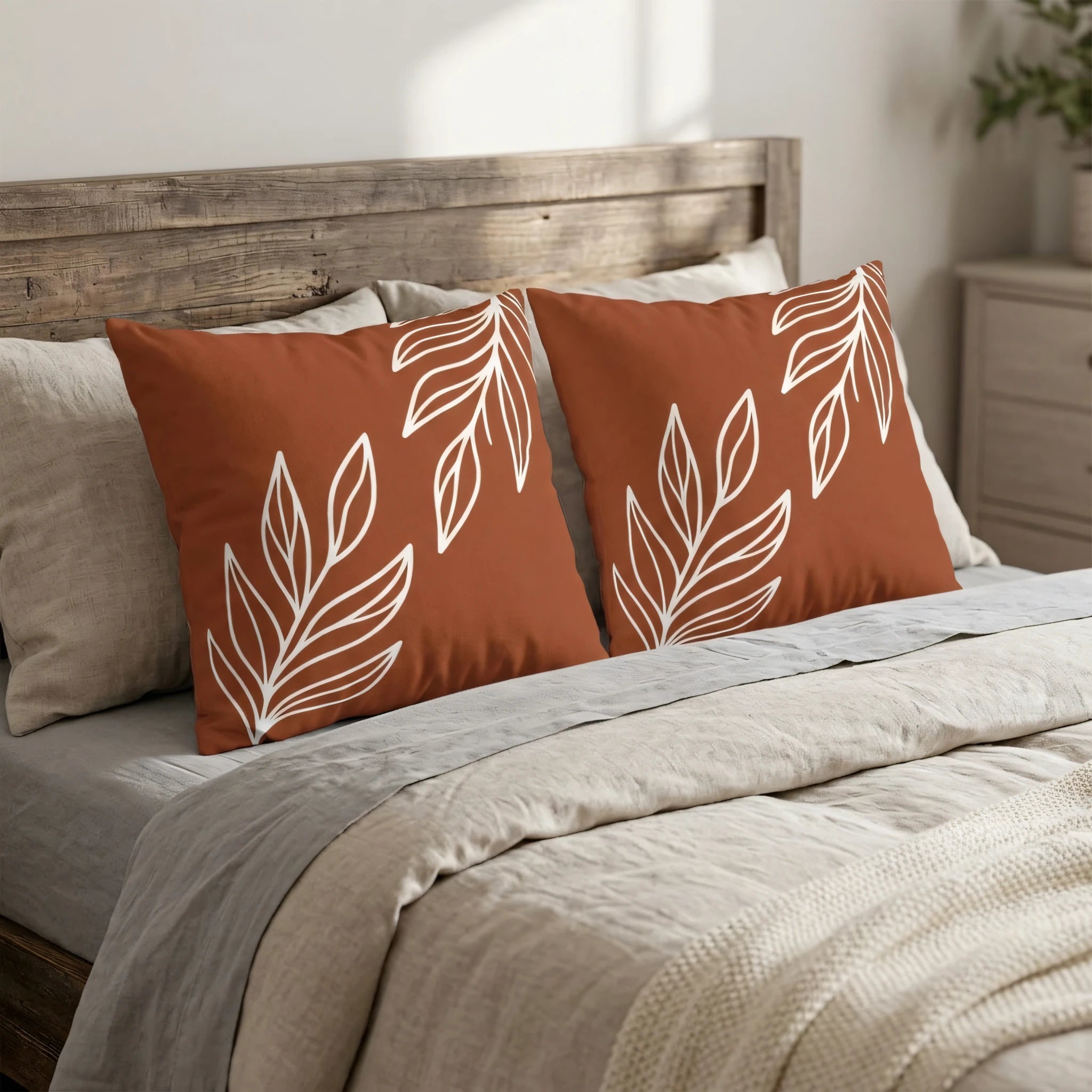 Two terracotta cushions with white botanical leaf patterns on a cozy bed with beige linen sheets and a rustic wooden headboard lifestyle shot.