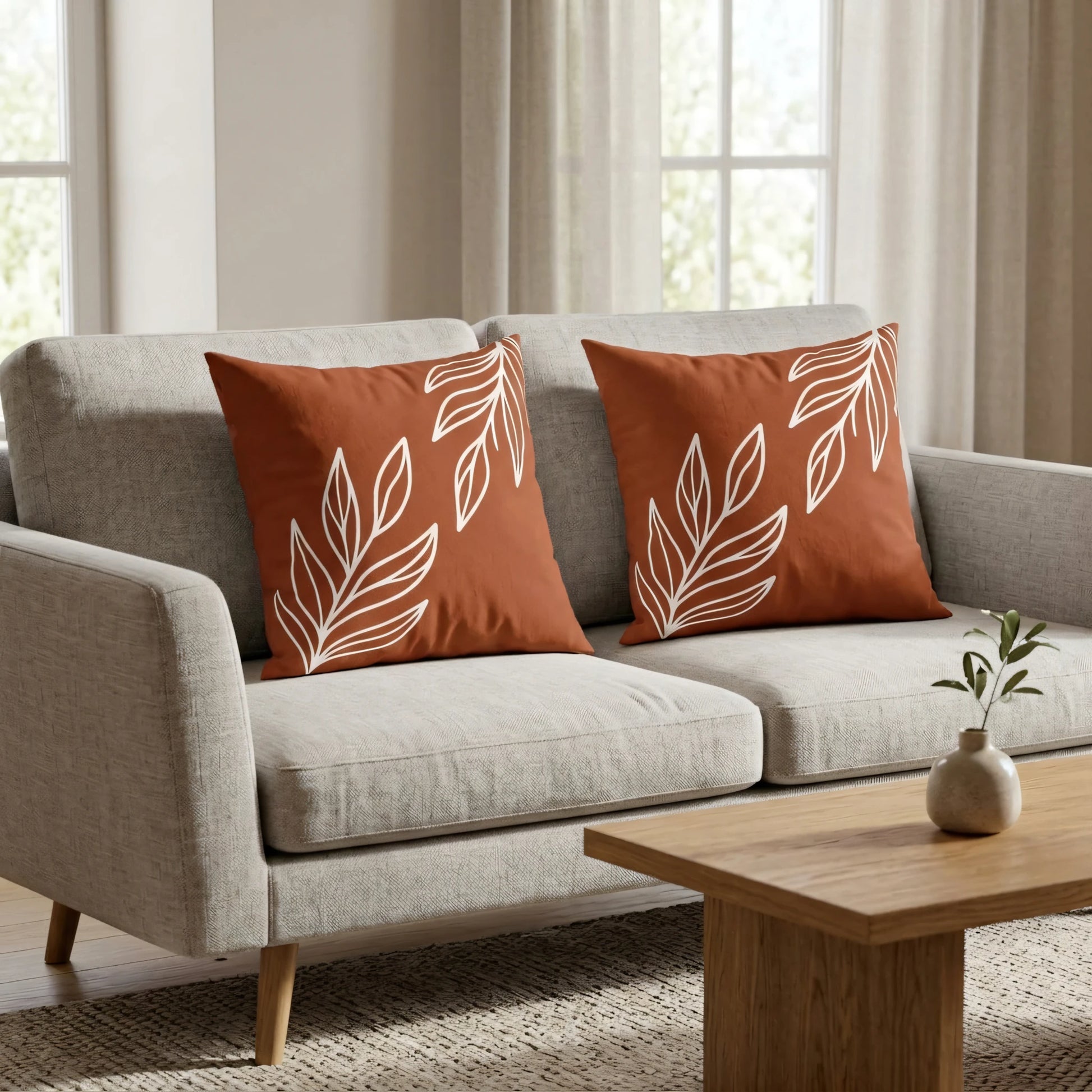 Pair of burnt orange cushions with white botanical leaf patterns on a light gray sofa in a modern, bright living room lifestyle setting.