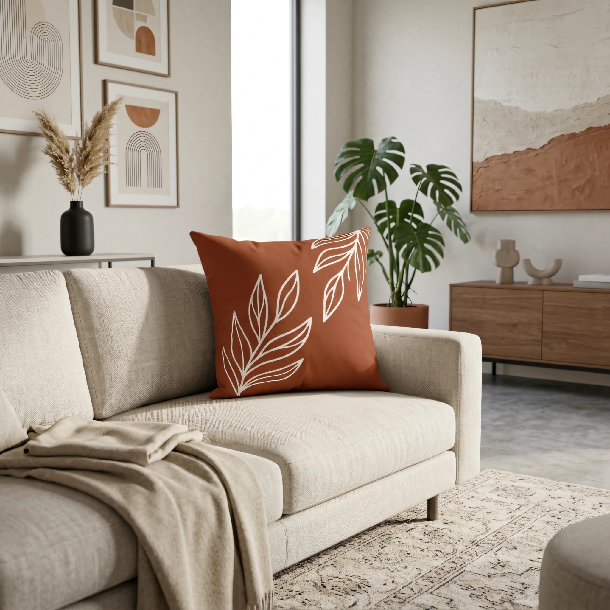 Modern terracotta cushion featuring a white botanical leaf design, styled on a neutral sofa in a bright, contemporary living room setting.