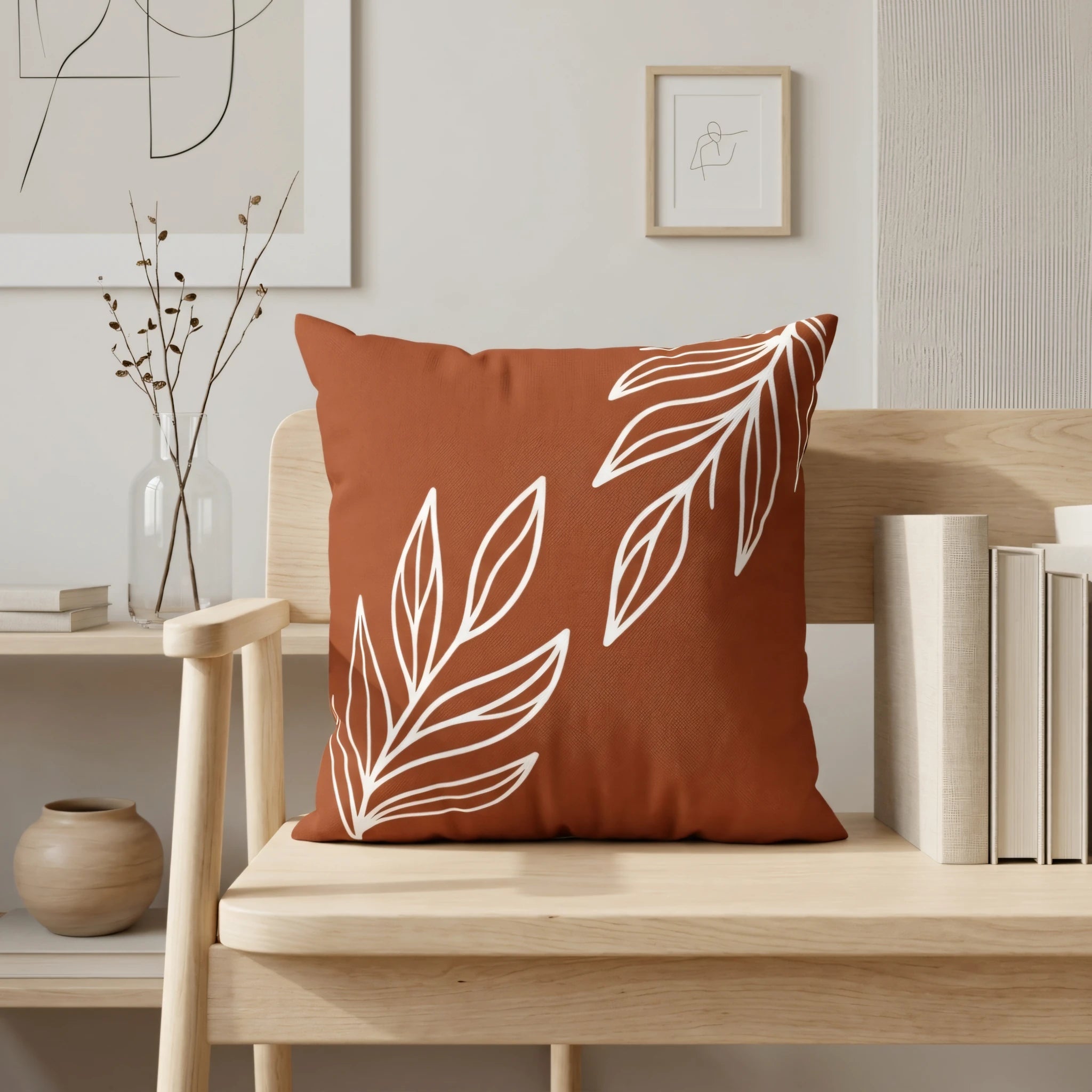Terracotta throw pillow with white leaf line art design on a wooden bench in a minimalist interior setting with modern decor.