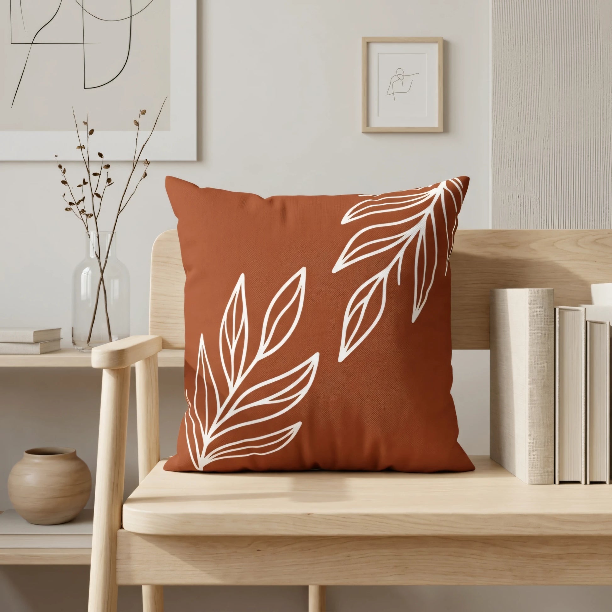 Terracotta throw pillow with white leaf line art design on a wooden bench in a minimalist interior setting with modern decor.