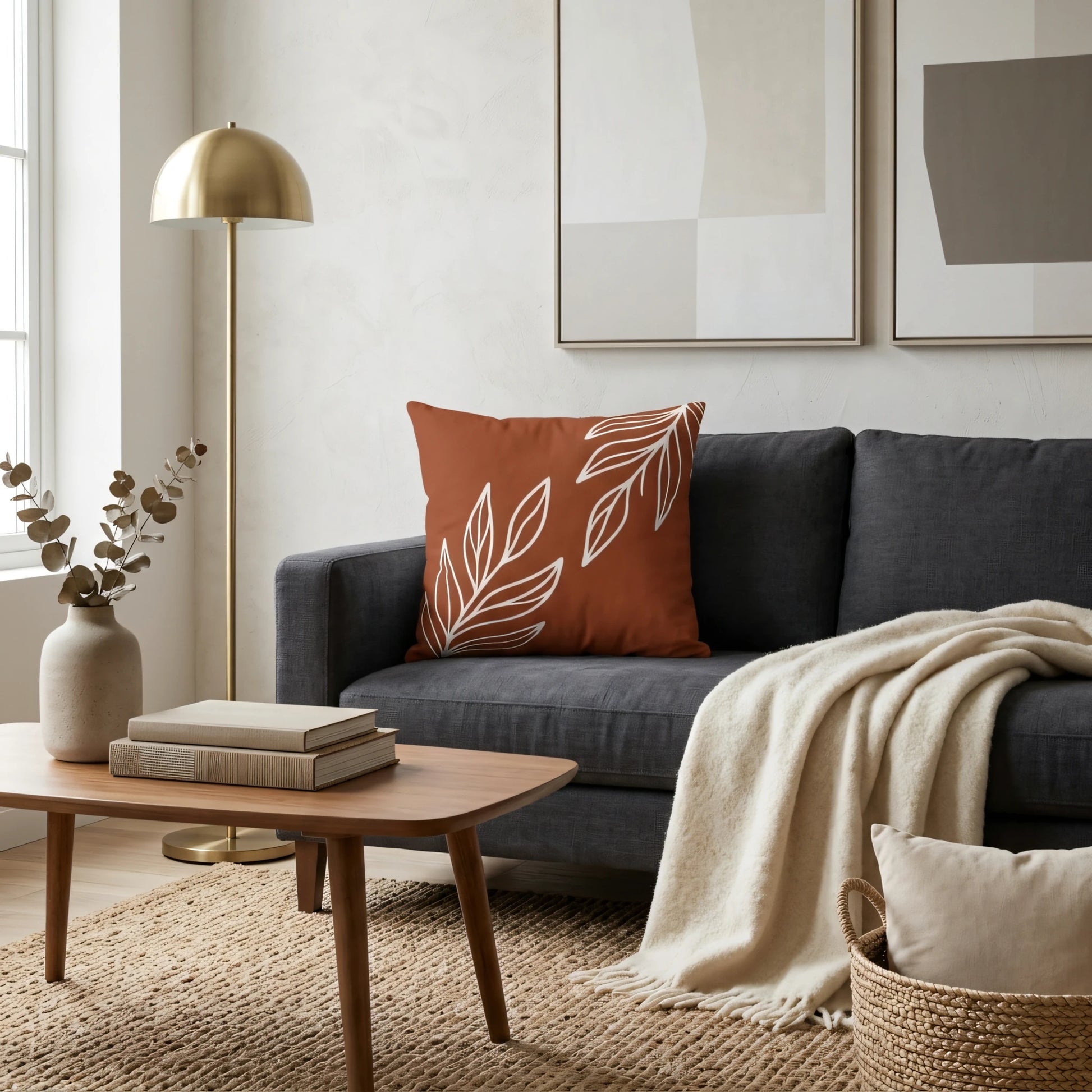 Terracotta decorative pillow with white leaf patterns on a charcoal grey couch in a bright modern living room with a jute rug and gold floor lamp.