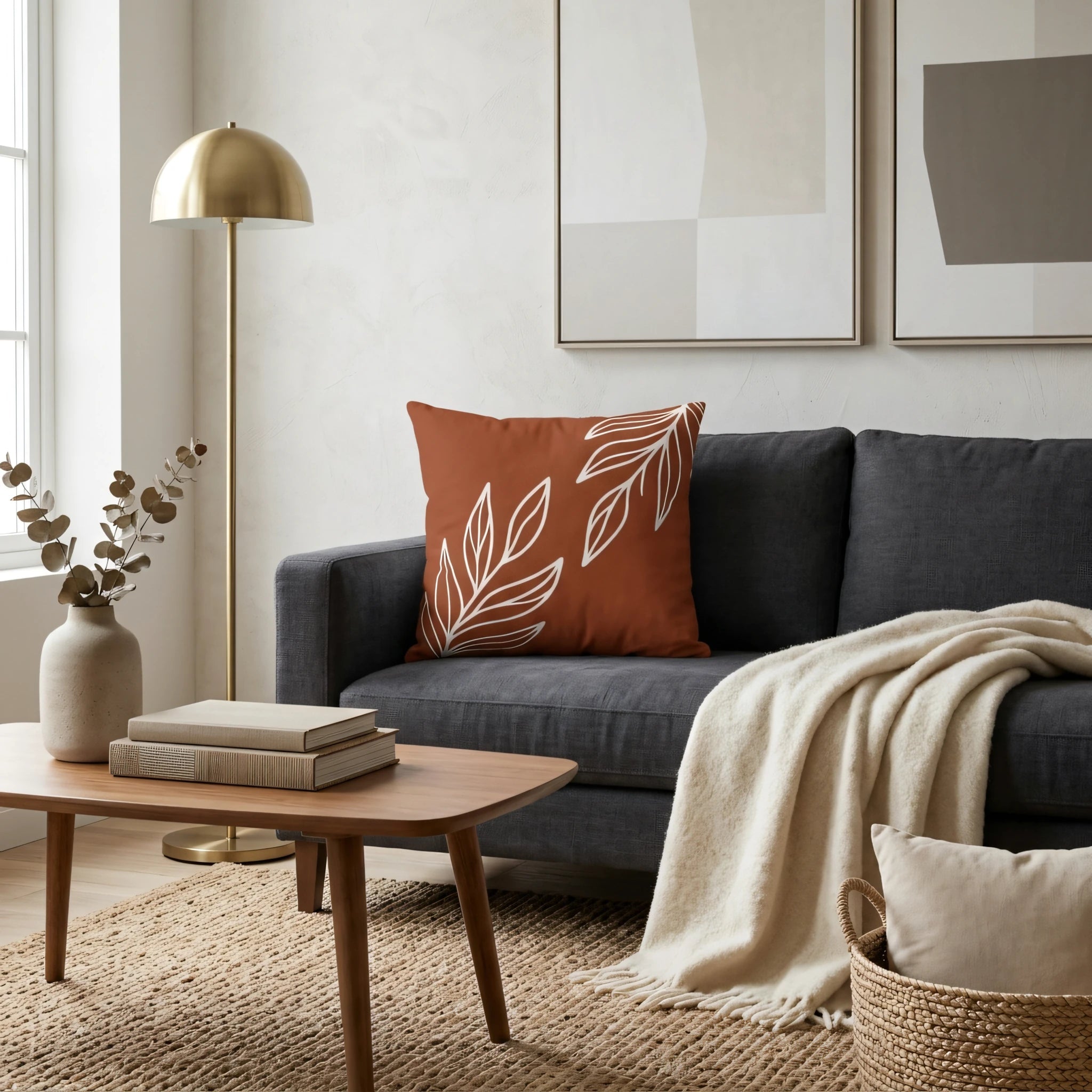 Terracotta decorative pillow with white leaf patterns on a charcoal grey couch in a bright modern living room with a jute rug and gold floor lamp.