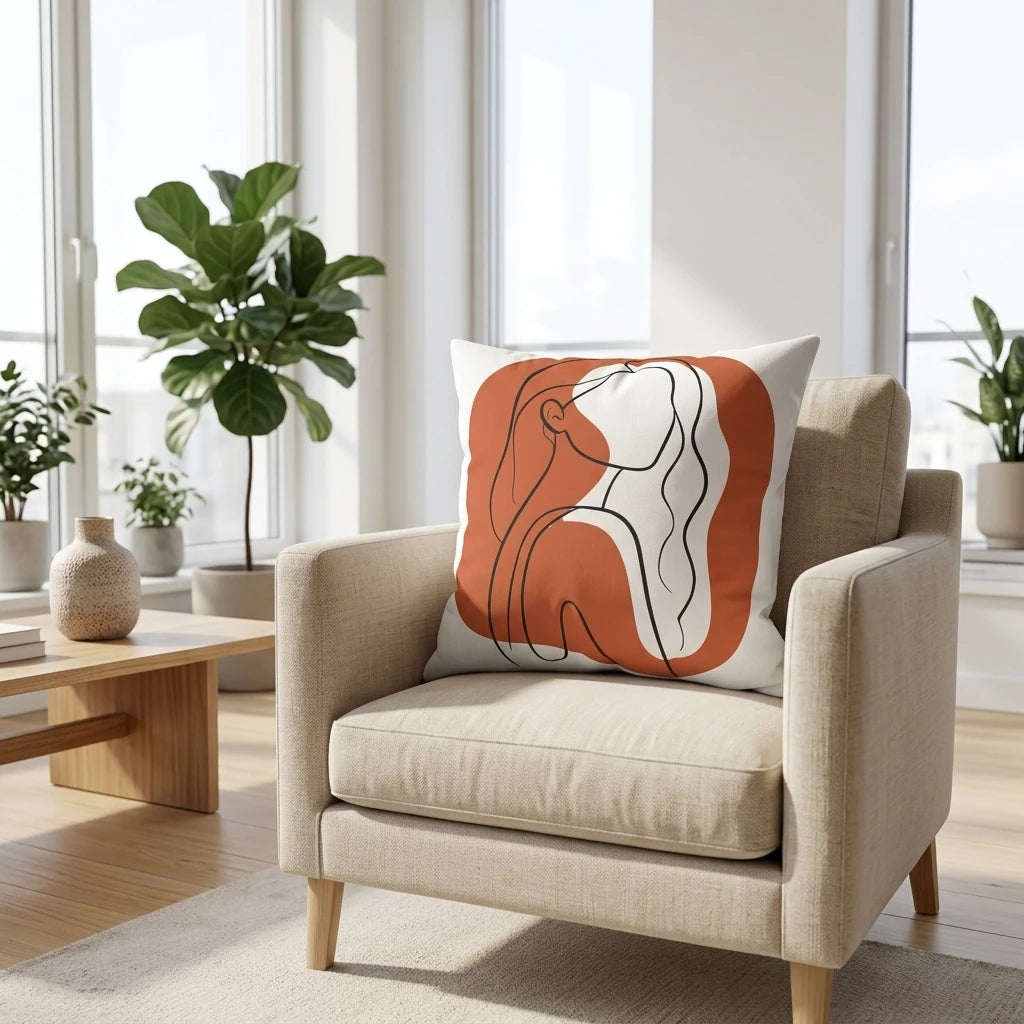 Modern terracotta woman line art cushion on a beige armchair in a bright sunlit room, minimalist throw pillow for home decor.