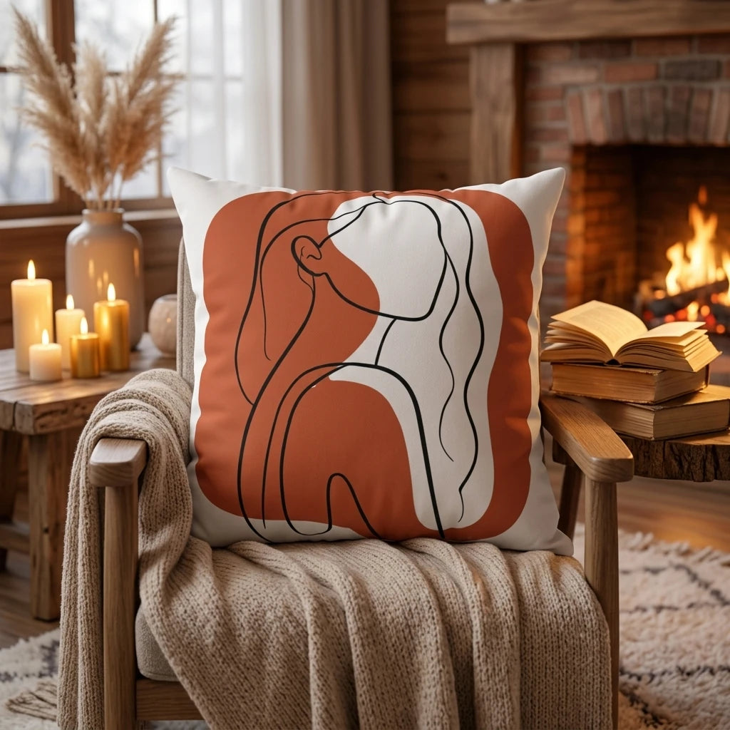 Modern terracotta line art throw pillow on a rustic armchair with a cozy blanket, fireplace, and candles in a warm living room setting.