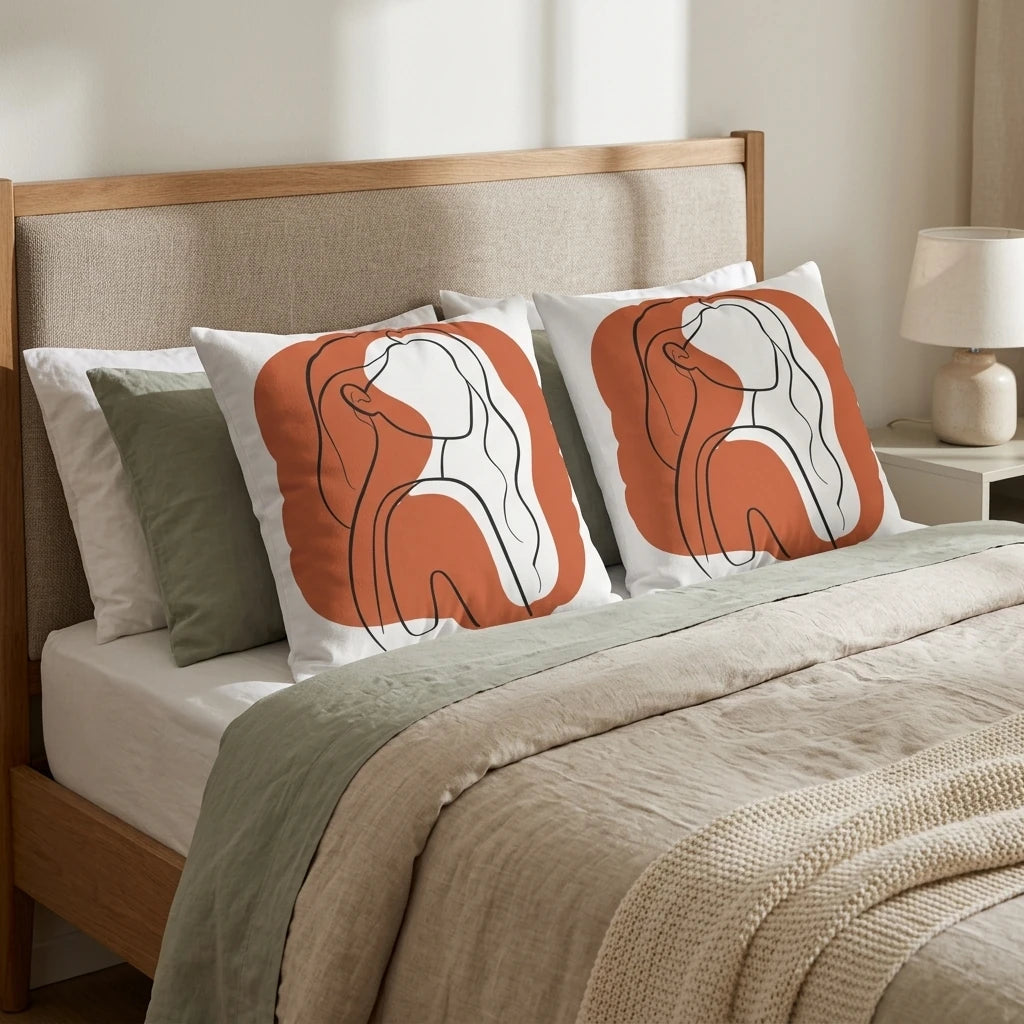 Minimalist line art woman cushions in terracotta orange on a cozy bed with olive green and neutral linens in a bright bedroom.