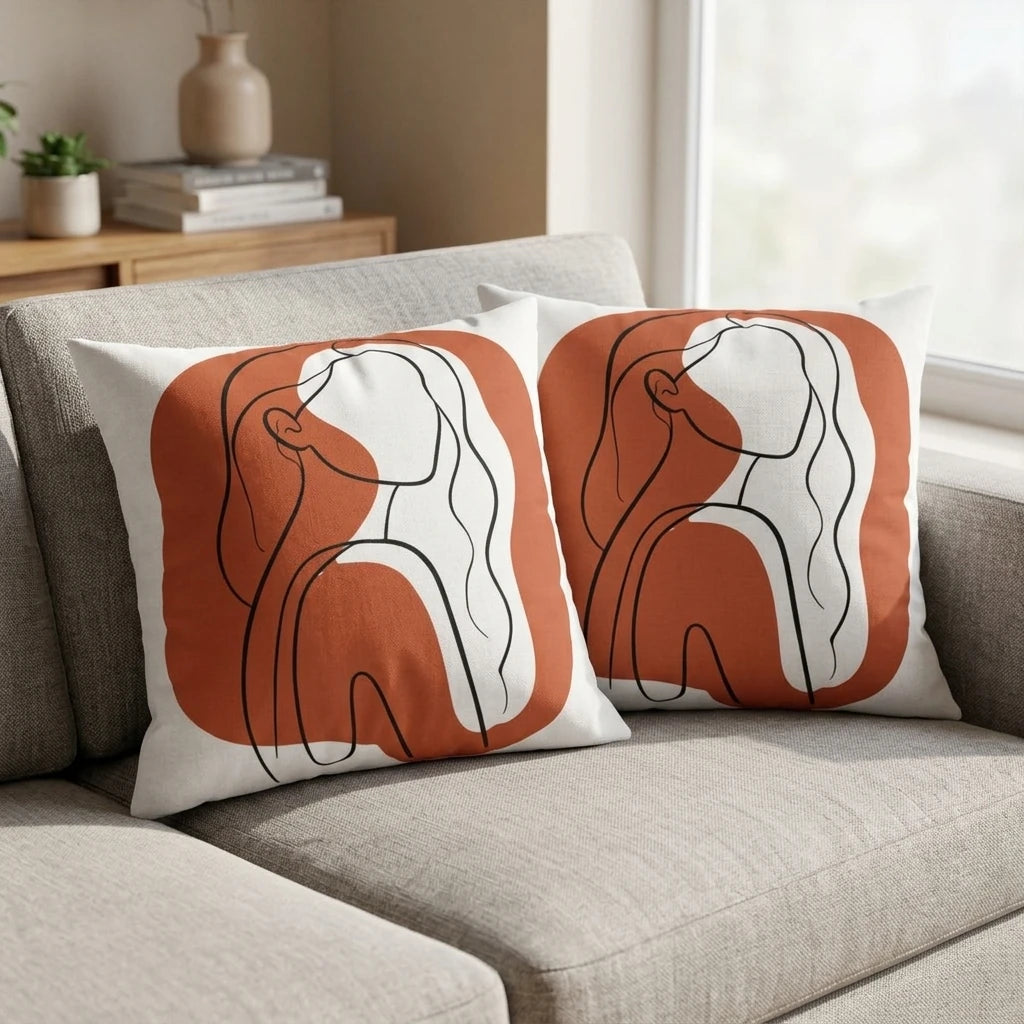 Two decorative cushions featuring minimalist terracotta female line art, styled on a grey fabric sofa in a sunlit modern living room.