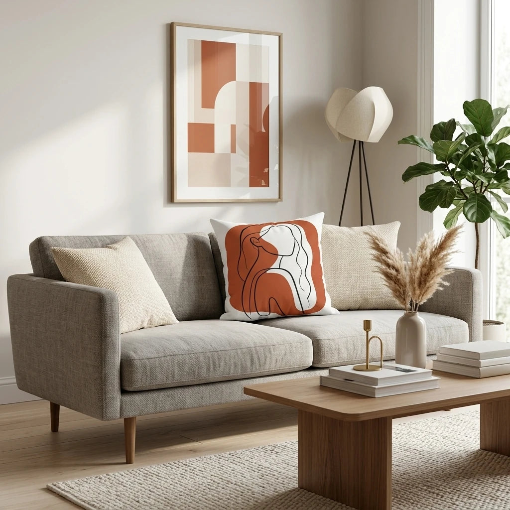 Burnt orange minimalist line art cushion on a grey sofa in a modern living room setting with abstract wall art and a wooden coffee table.