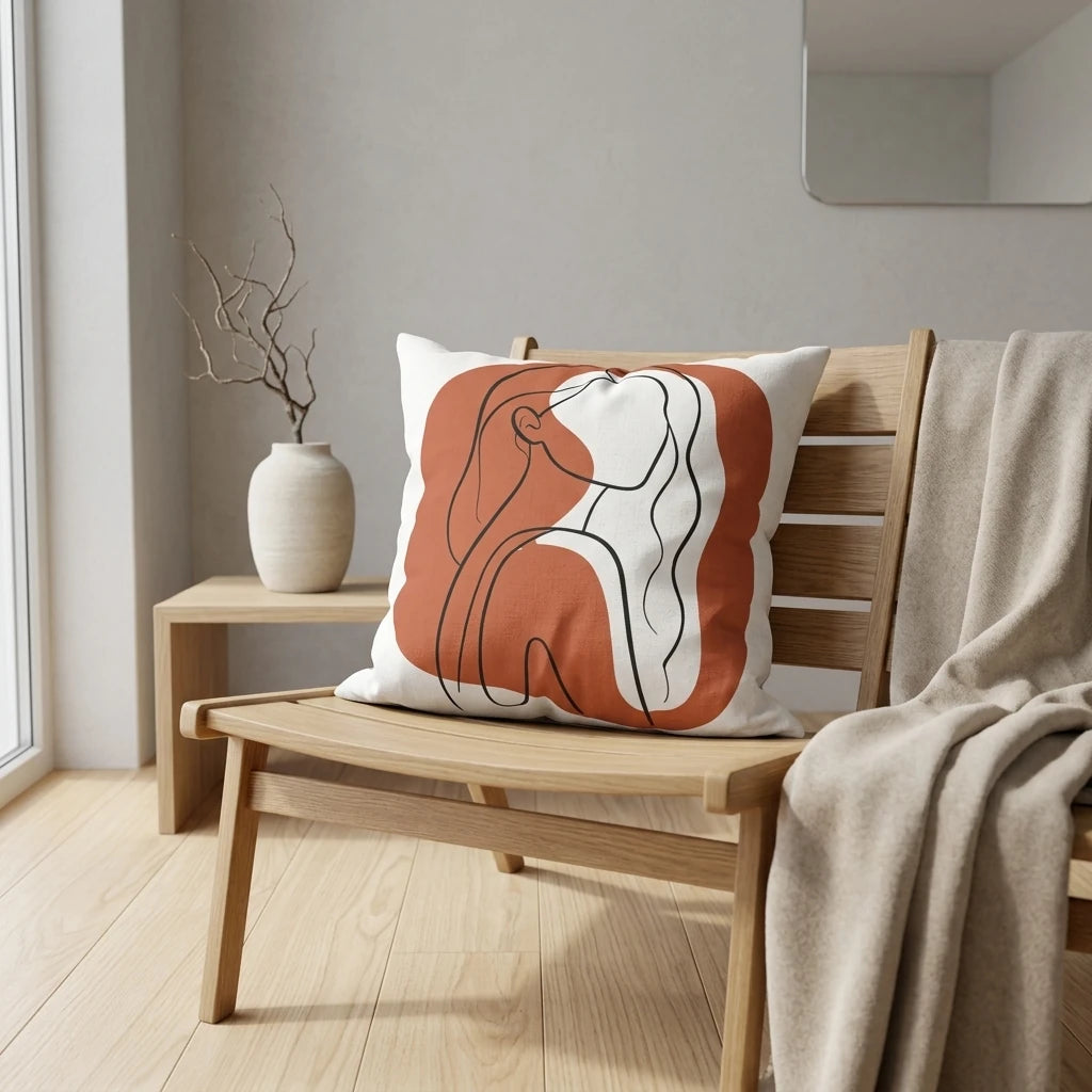 Decorative throw pillow featuring terracotta line art on a wooden chair in a minimalist interior with neutral decor and light wood floors.