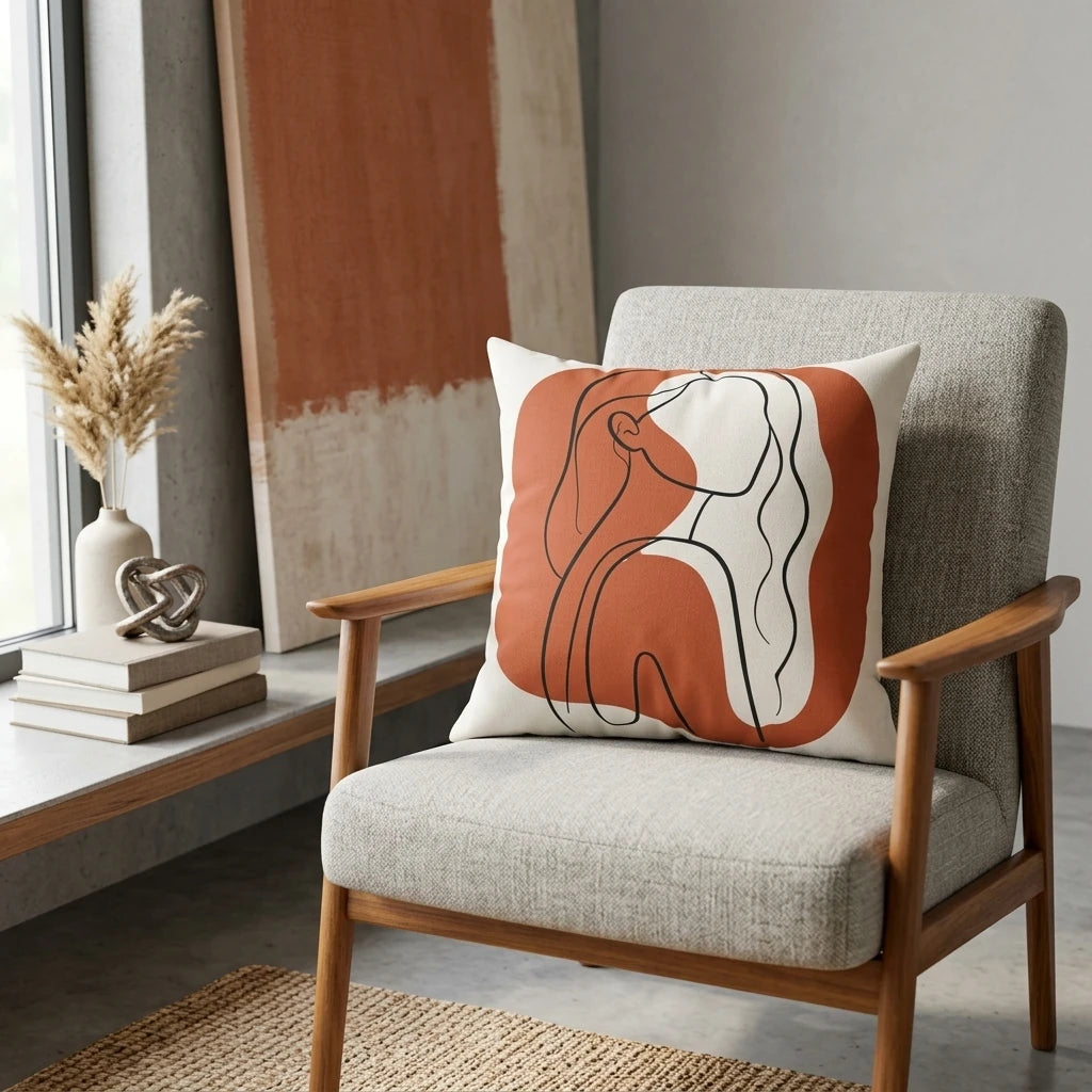 Decorative cushion featuring terracotta line art of a woman, styled on a grey armchair in a minimalist living room lifestyle setting.