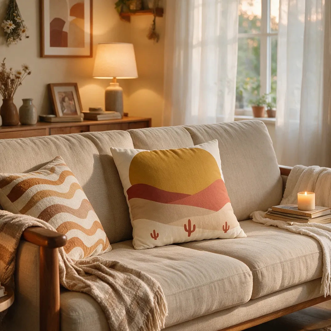 Desert landscape throw pillow with a sun and cactus design on a beige sofa in a cozy living room with soft warm lighting and blankets.