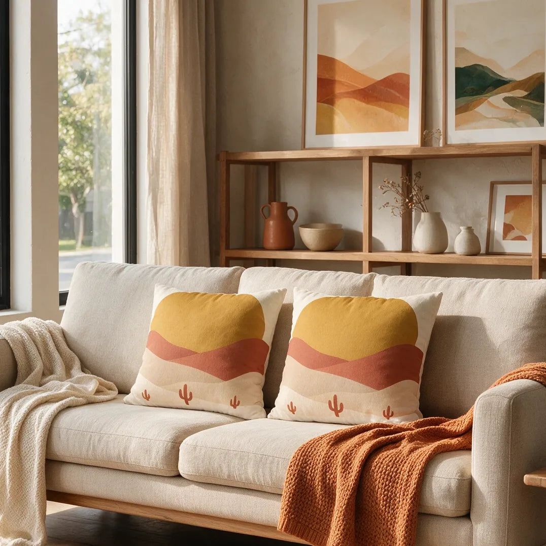 Two decorative desert landscape cushions with sun and cactus patterns on a beige sofa in a modern, earth-toned minimalist living room.