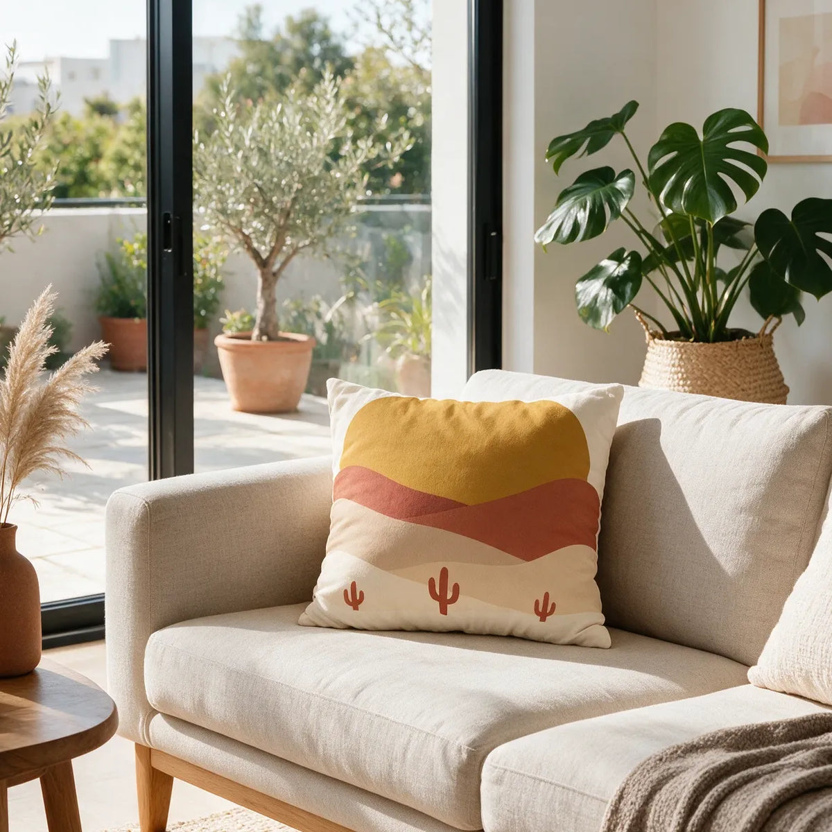 Decorative desert landscape cushion with terracotta and mustard hills on a beige sofa in a modern, bright living room lifestyle setting.