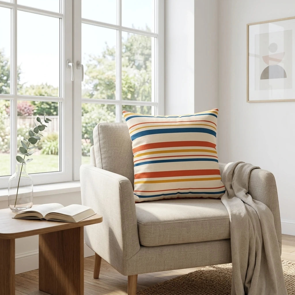 Striped throw pillow with navy, orange, and yellow lines on a beige armchair in a bright room with a window and a wooden side table.