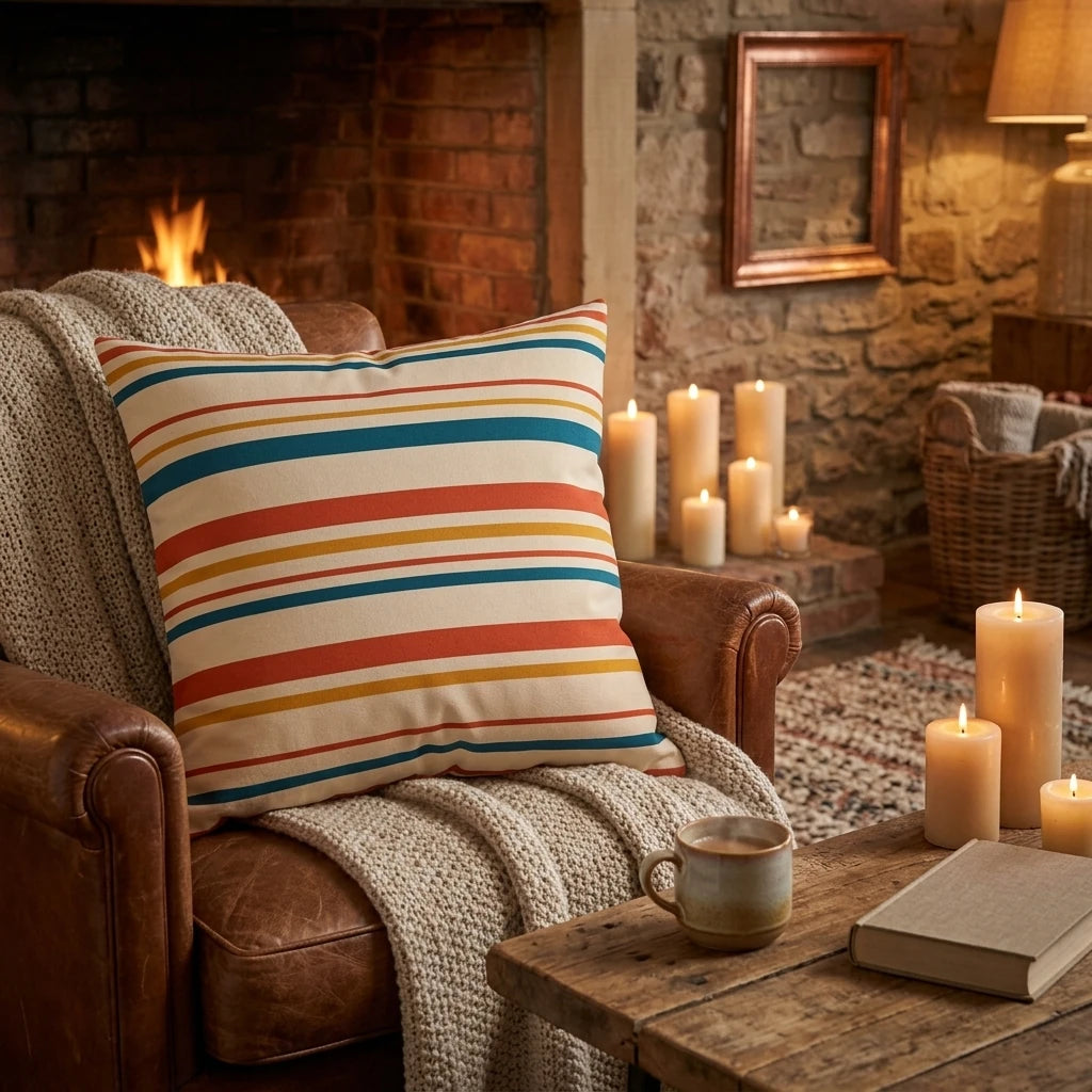 Striped throw pillow with red, blue, and yellow stripes on a leather armchair in a cozy setting with lit candles and a fireplace.
