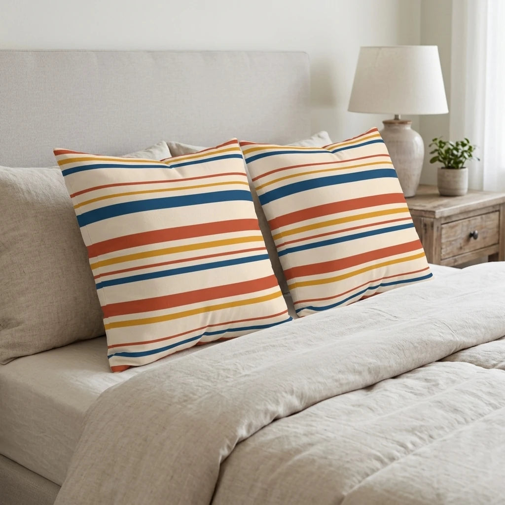 Two decorative pillows with navy, orange, and yellow stripes on a neutral bed with a grey headboard in a cozy, bright bedroom.