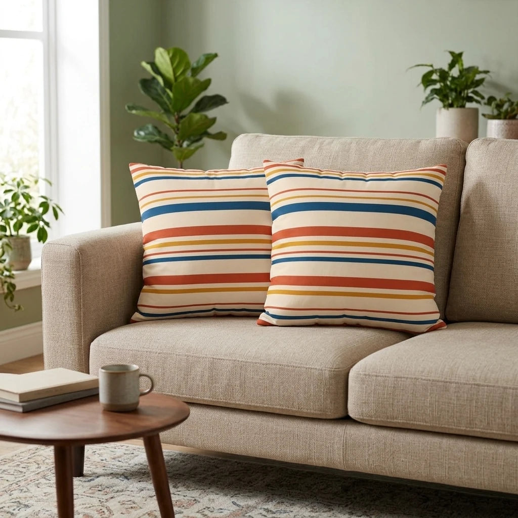Duo of striped decorative cushions in navy, orange, and yellow on a beige sofa in a bright, plant-filled living room scene.