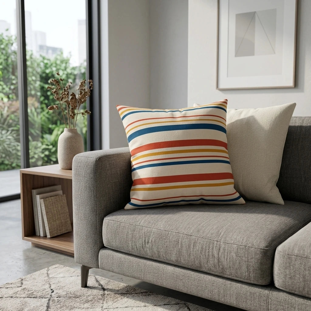 Striped throw pillow with blue, orange, and yellow patterns on a grey sofa in a modern living room setting with bright, minimalist decor.