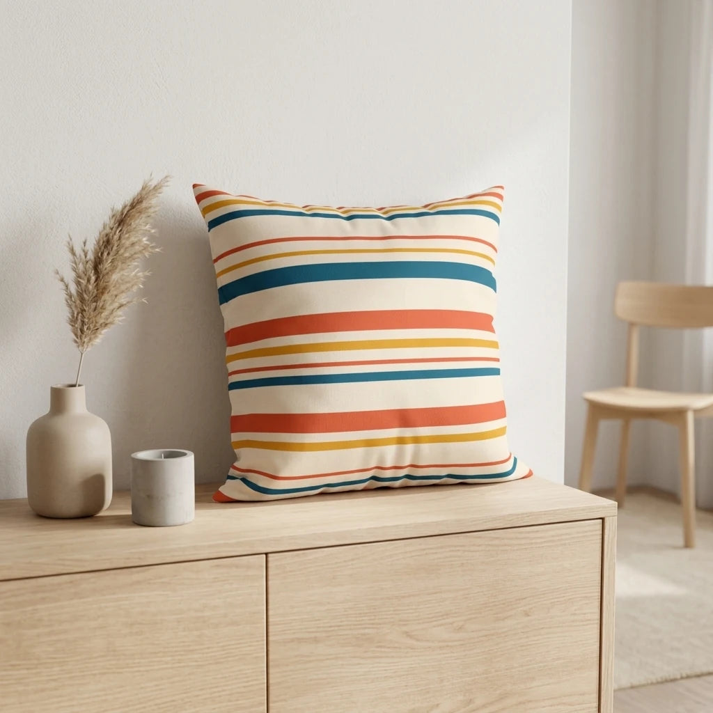 Striped pillow with blue, orange, and yellow horizontal bands on a cream background, styled on a wooden sideboard in a minimalist room.