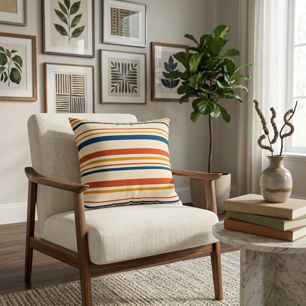 Striped throw pillow with navy, orange, and yellow horizontal lines on a cream armchair in a stylish, modern living room setting.