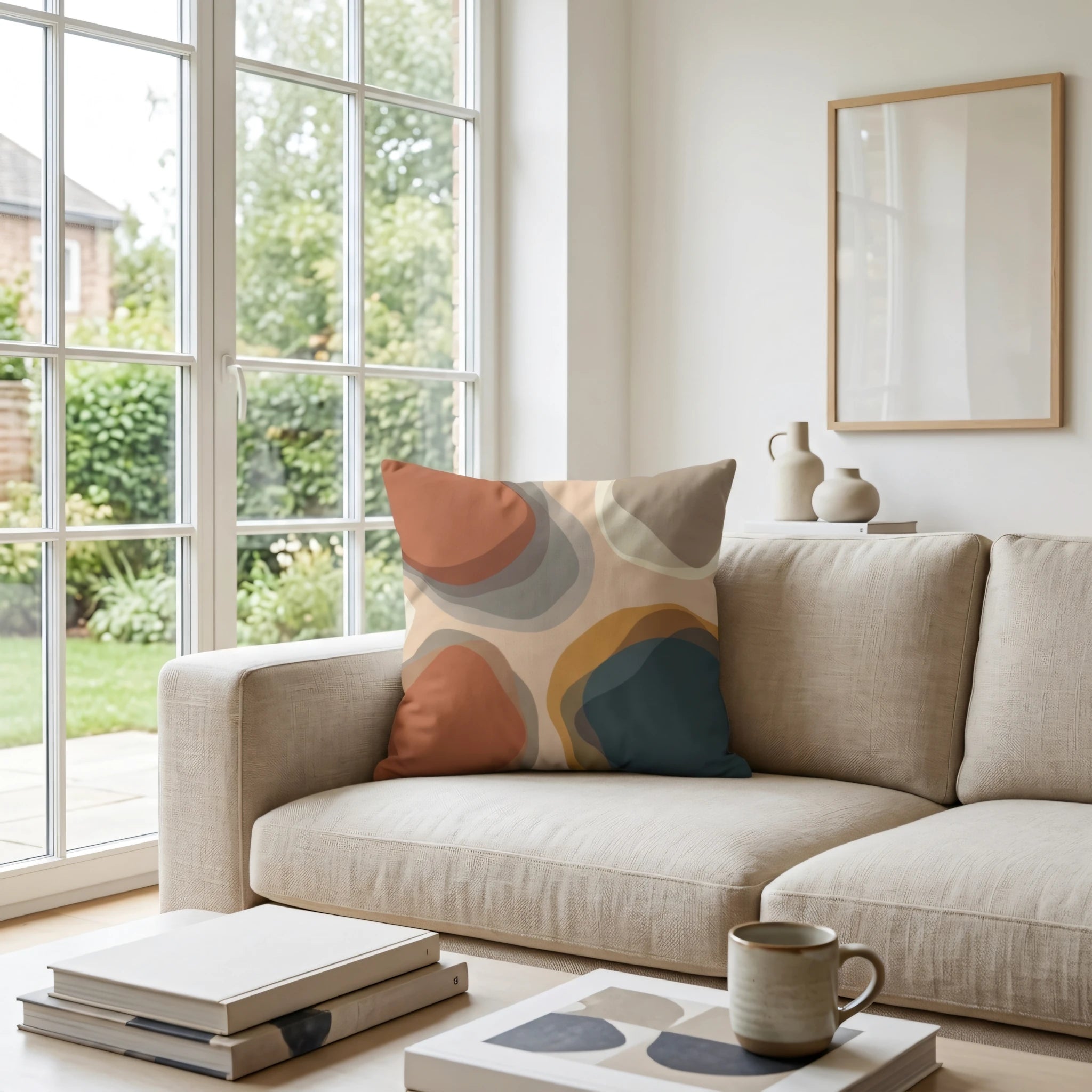 Abstract throw pillow with terracotta and blue organic shapes on a beige couch in a bright modern living room with garden views.