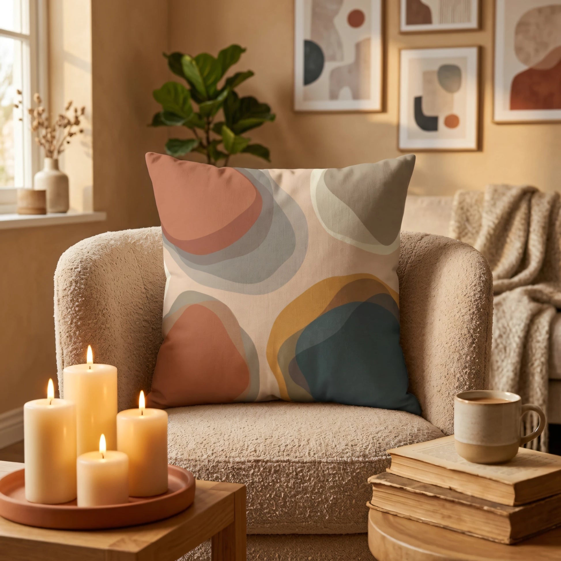 Modern abstract throw pillow with terracotta and teal organic shapes on a cozy armchair in a warm living room with lit candles and books.