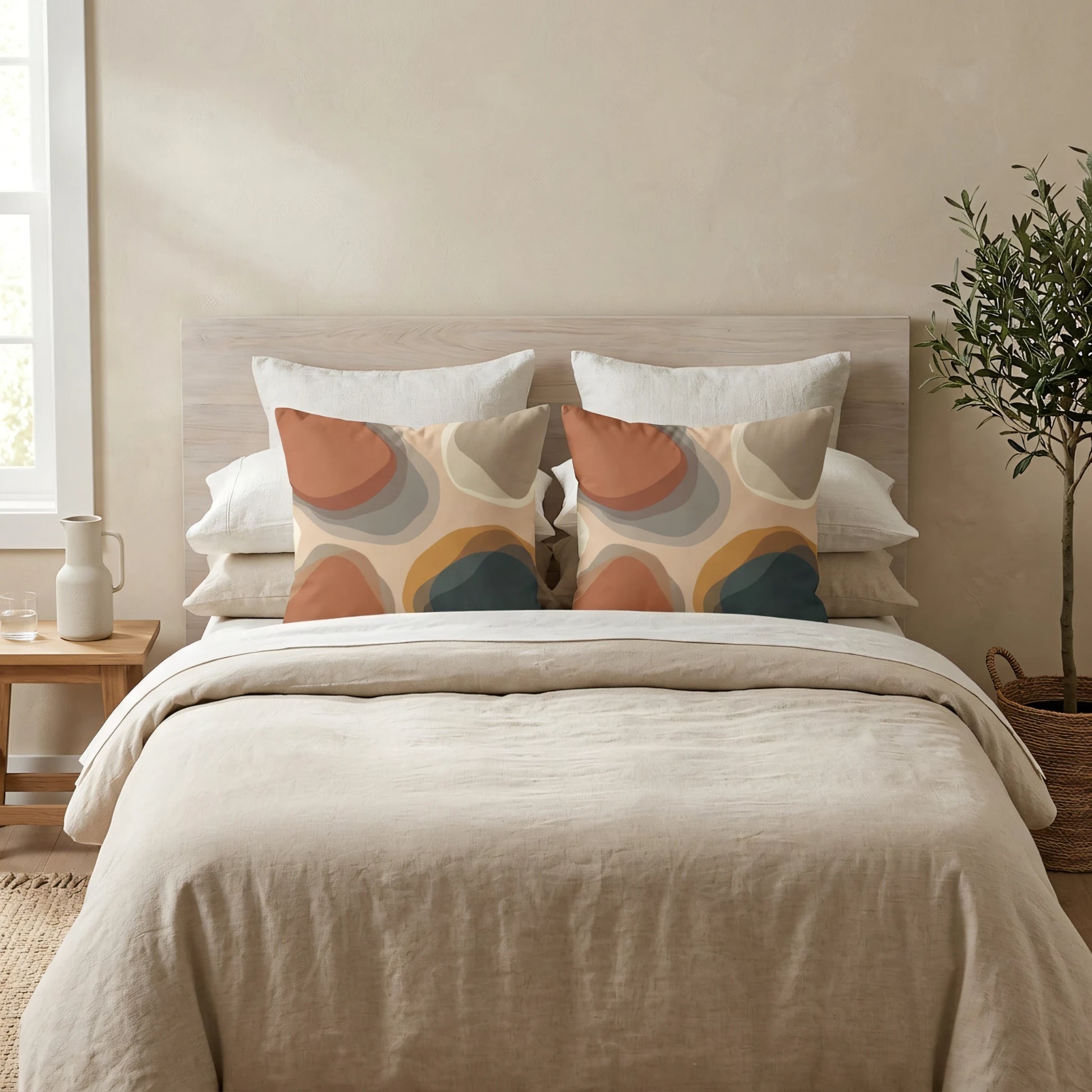 Two decorative pillows with an abstract terracotta and teal pattern on a neutral bed in a bright, modern bedroom lifestyle setting.