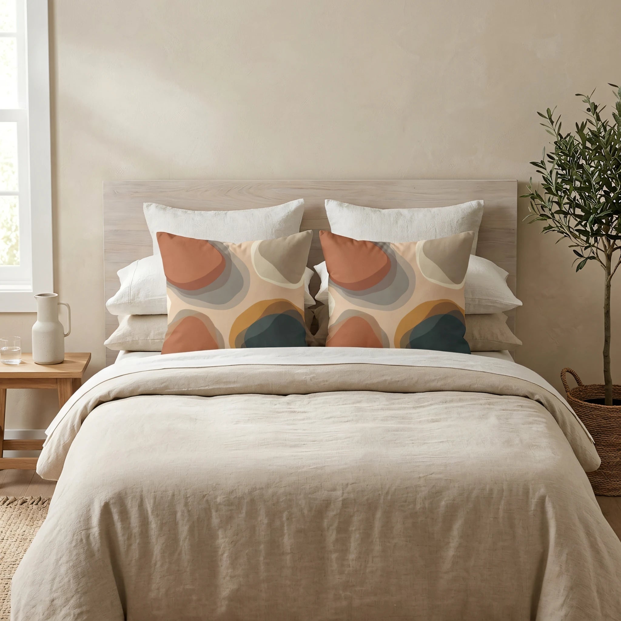 Two decorative pillows with an abstract terracotta and teal pattern on a neutral bed in a bright, modern bedroom lifestyle setting.