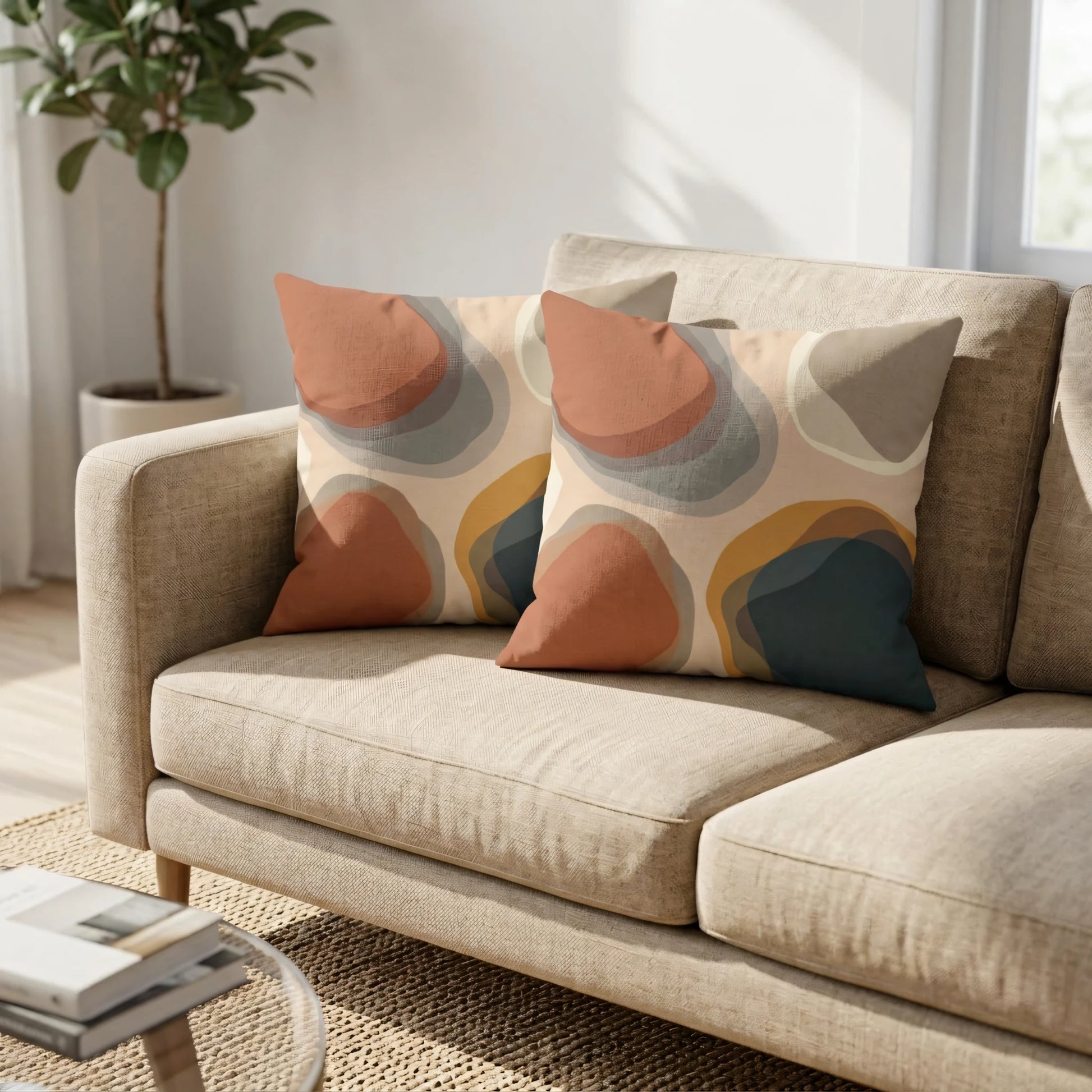 Abstract pattern cushions with terracotta and ochre tones displayed as a duo on a beige sofa in a modern, sun-drenched living room.