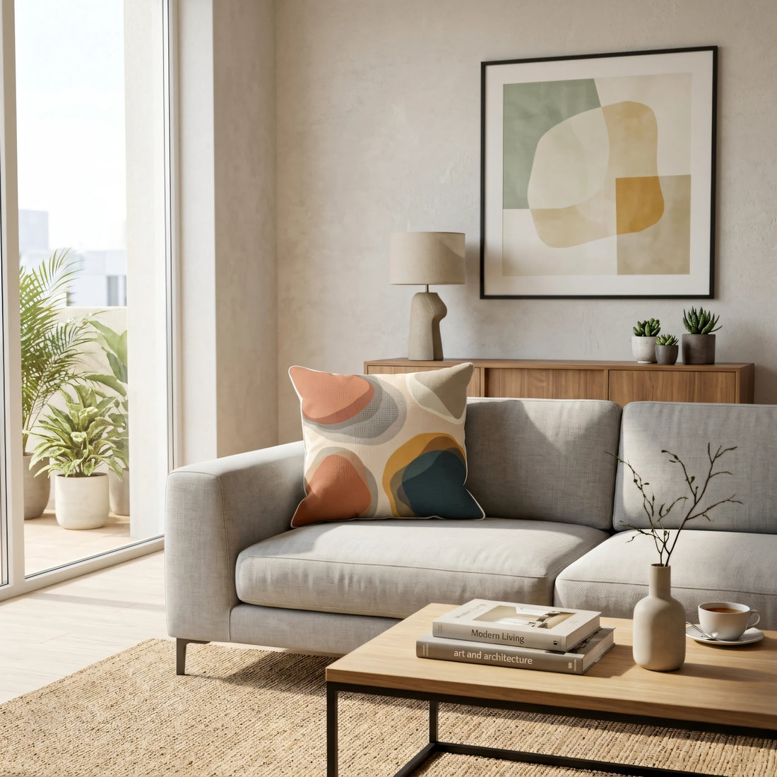 Abstract pattern cushion with terracotta and blue organic shapes on a grey sofa in a minimalist, bright modern living room scene.