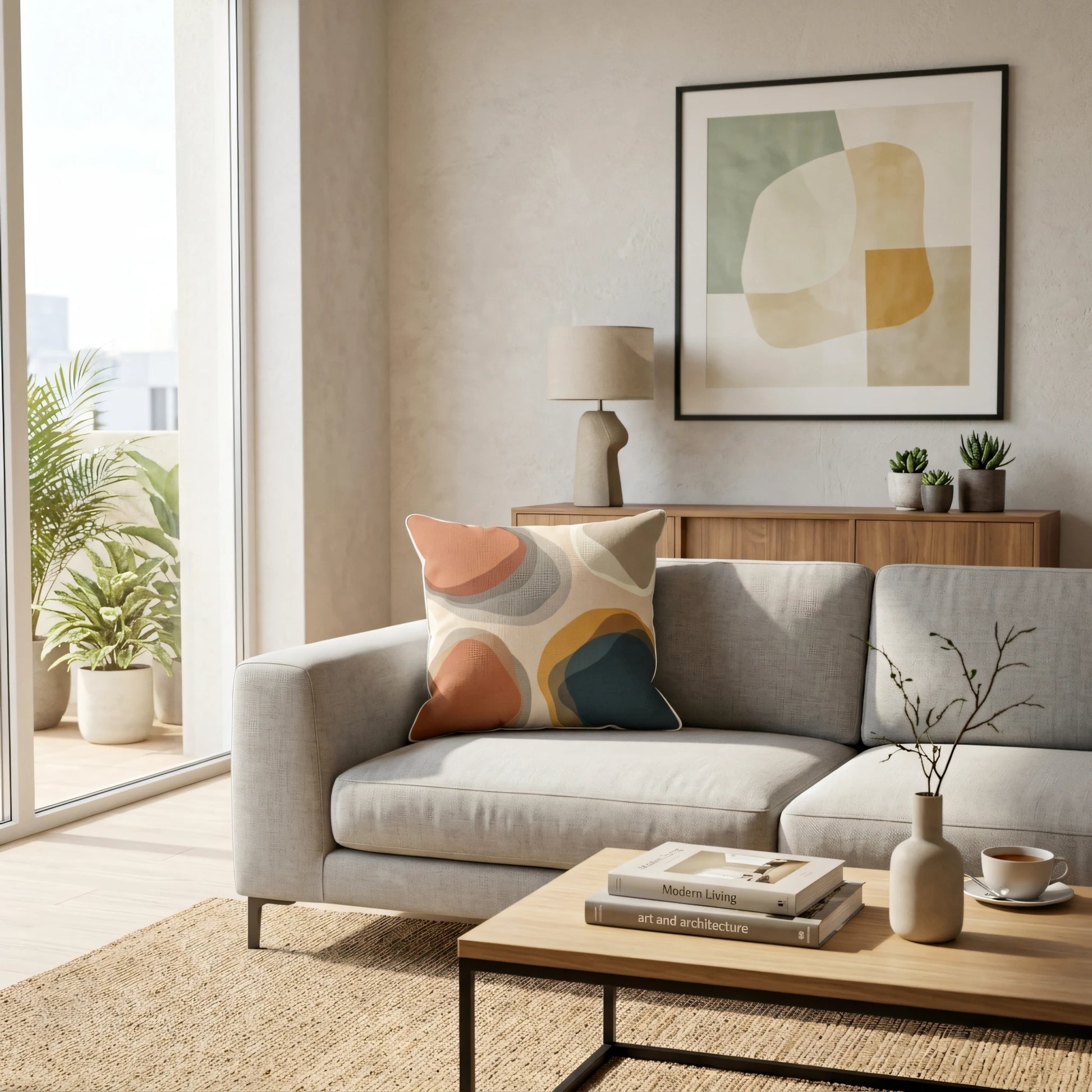 Abstract pattern cushion with terracotta and blue organic shapes on a grey sofa in a minimalist, bright modern living room scene.