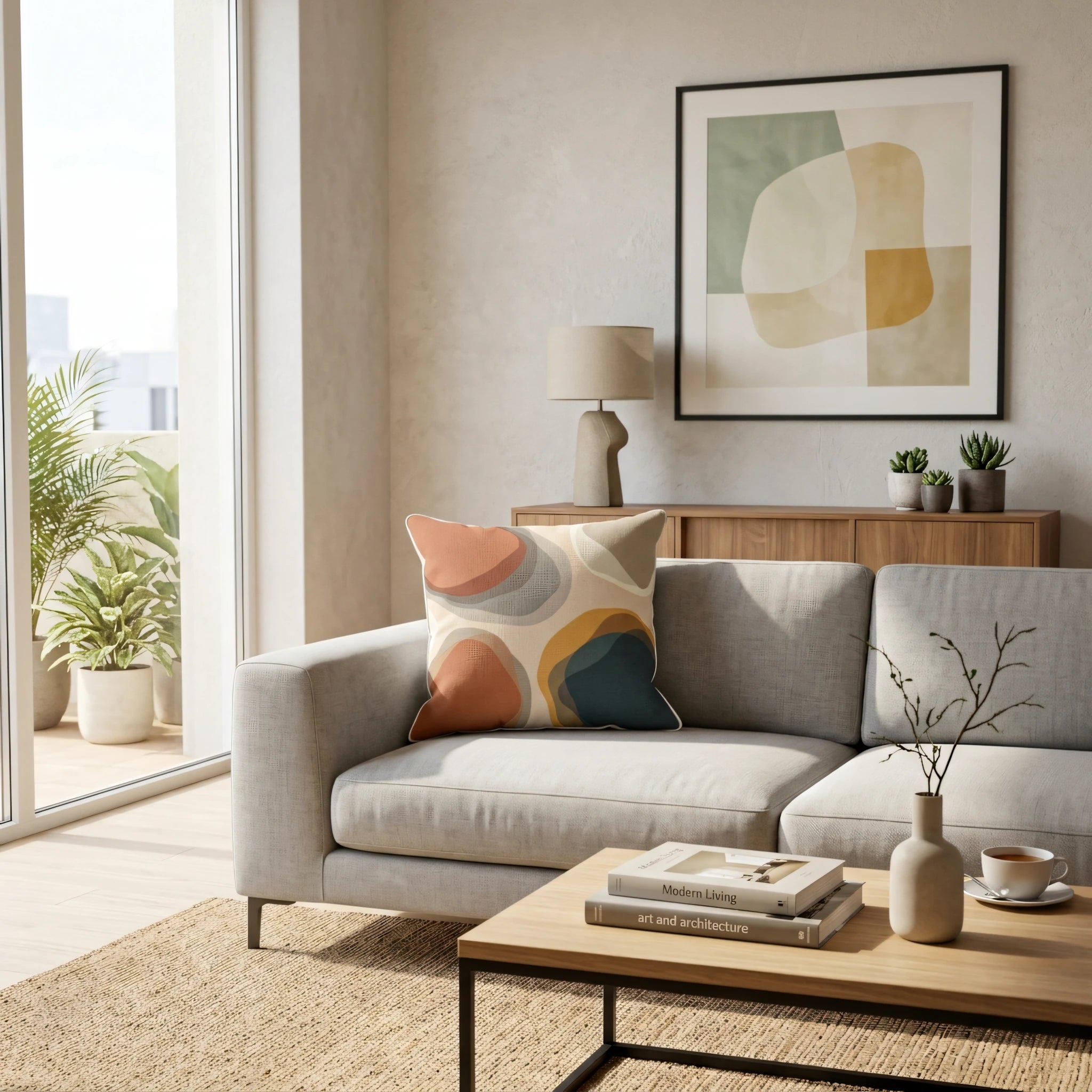 Abstract pattern cushion with terracotta and blue organic shapes on a grey sofa in a minimalist, bright modern living room scene.